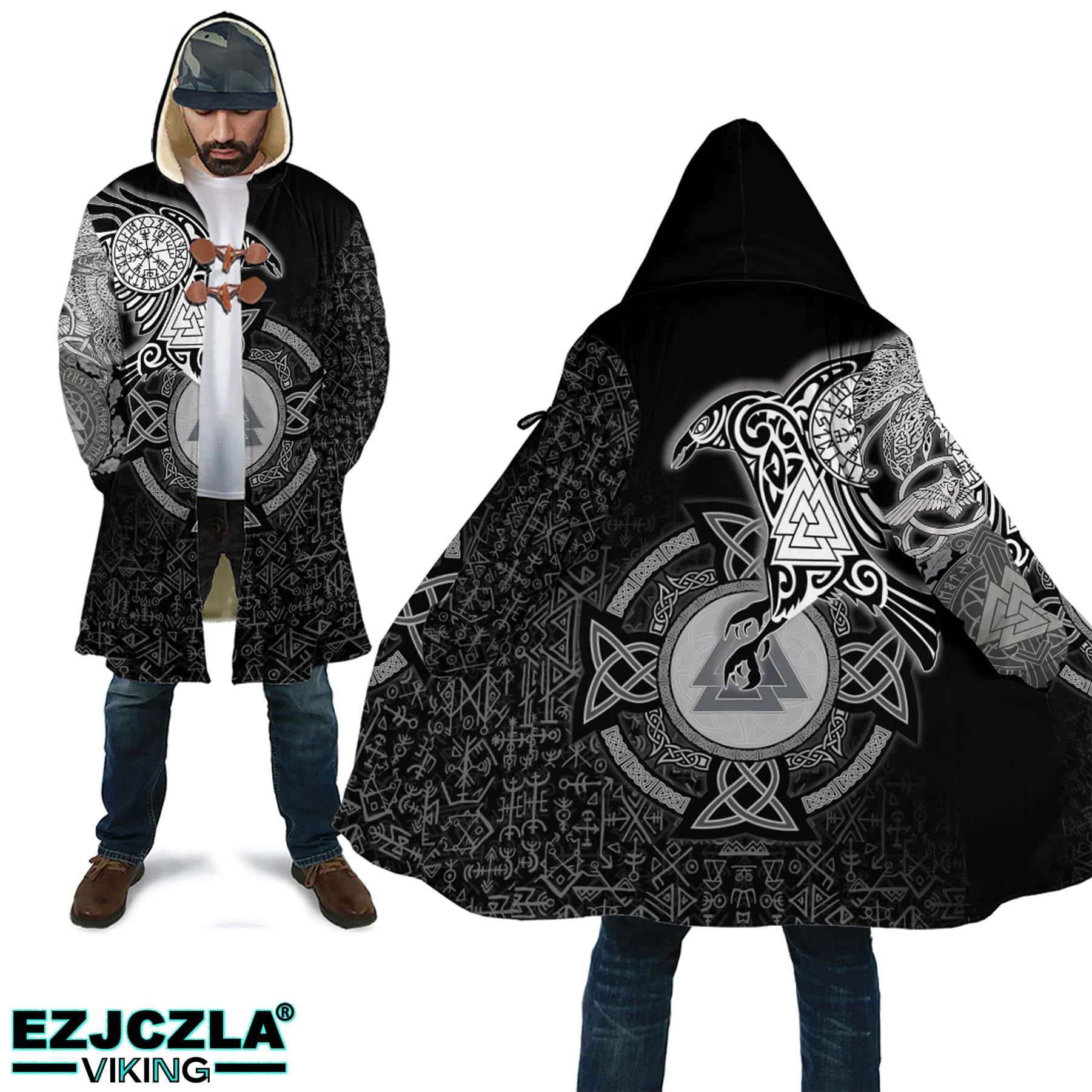 Cappotto Invernale Uomo con Iconografia di Huginn e Muninn, Giacca a Vento Vichingo Ultra Morbida - Giubbotto in Lana Mista, Ideale per Rievocazioni e come Regalo a Tema Norreno