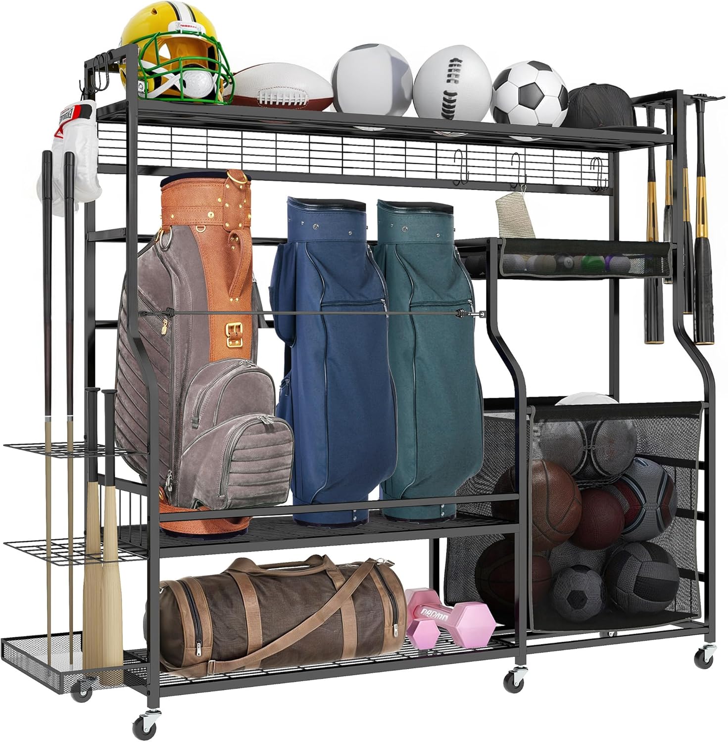 DWVO Golf Bag Organizer for Garage, Golf Storage Stand with Casters, Garage Sports Organizer for Balls, Rackets, Roller Skates and Other Sport Equipments