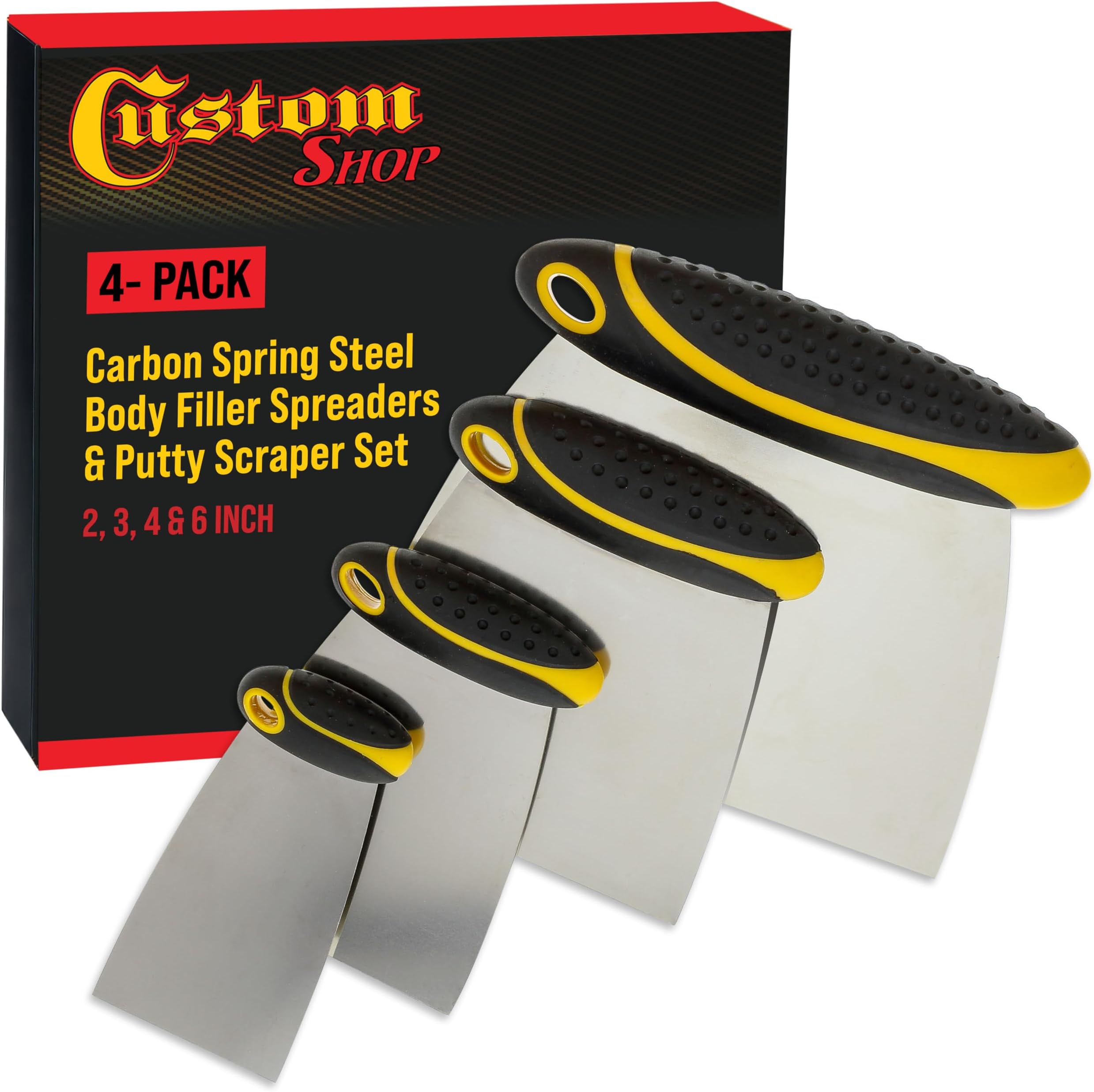 Custom Shop 4-Piece Carbon Spring Steel Body Filler Spreaders & Putty Scraper Set with Ergonomic Handles 2โ, 3โ, 4โ, 6โ