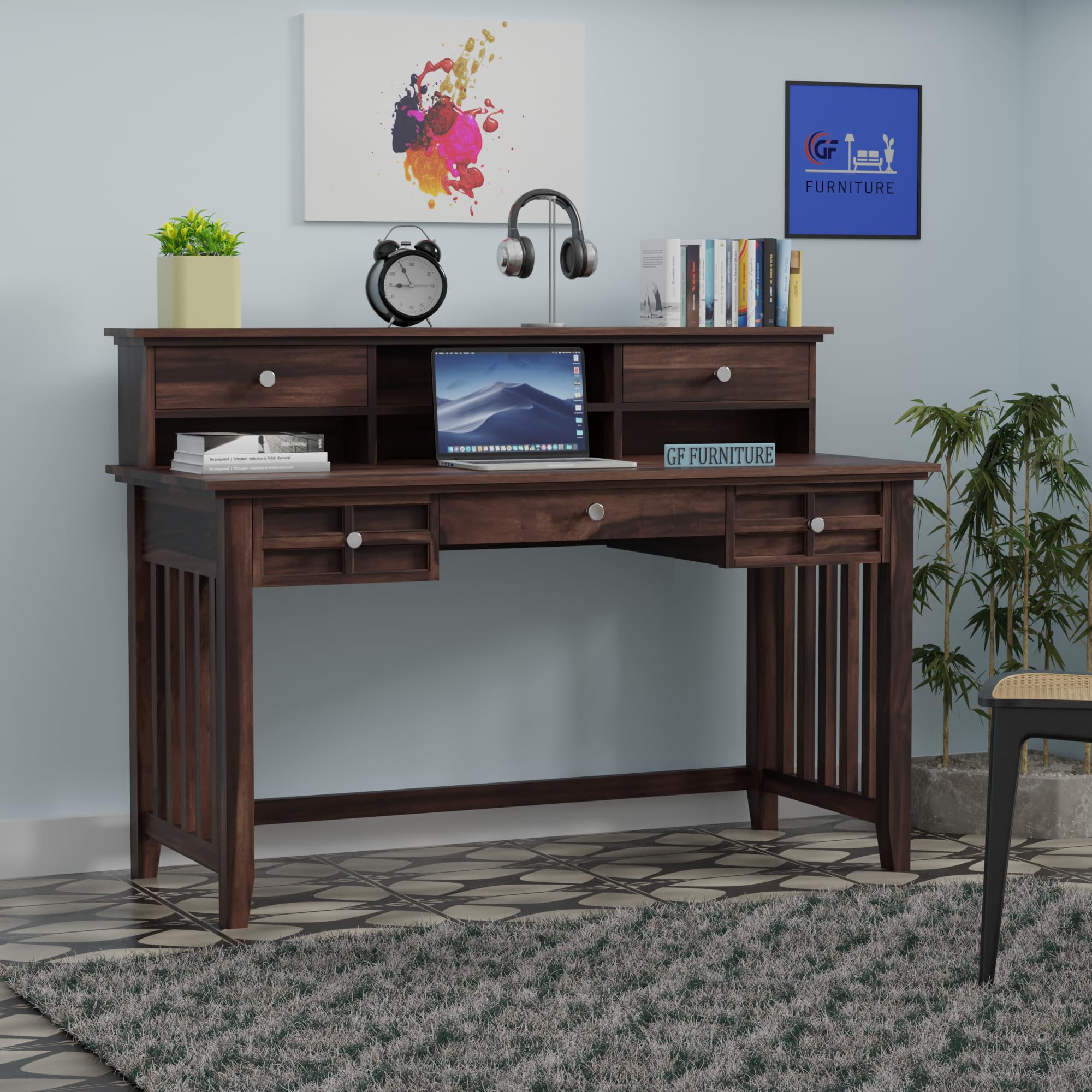 GF Furniture Wallace Computer Table with Drawers Solid Wood Corner Computer Desk with Hutch, 3 Drawers, 150 cm Wide,