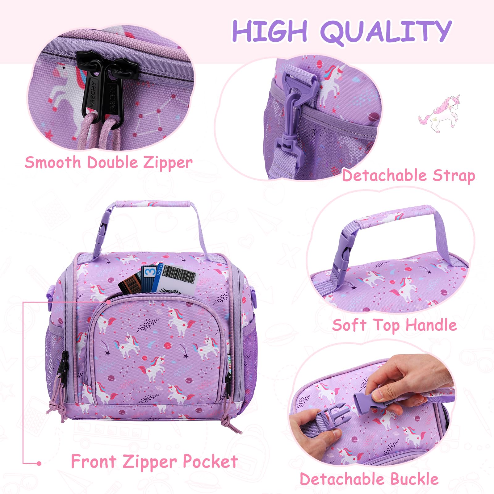 VASCHY Bolsa Almuerzo Infantil, Bolsa Termica Porta Alimentos Grande Nevera Termica para Niño Niña con Correa de Hombro Desmontable Bolsa Merienda Infantil para Picnic Colegio Viaje, Morado Unicornio