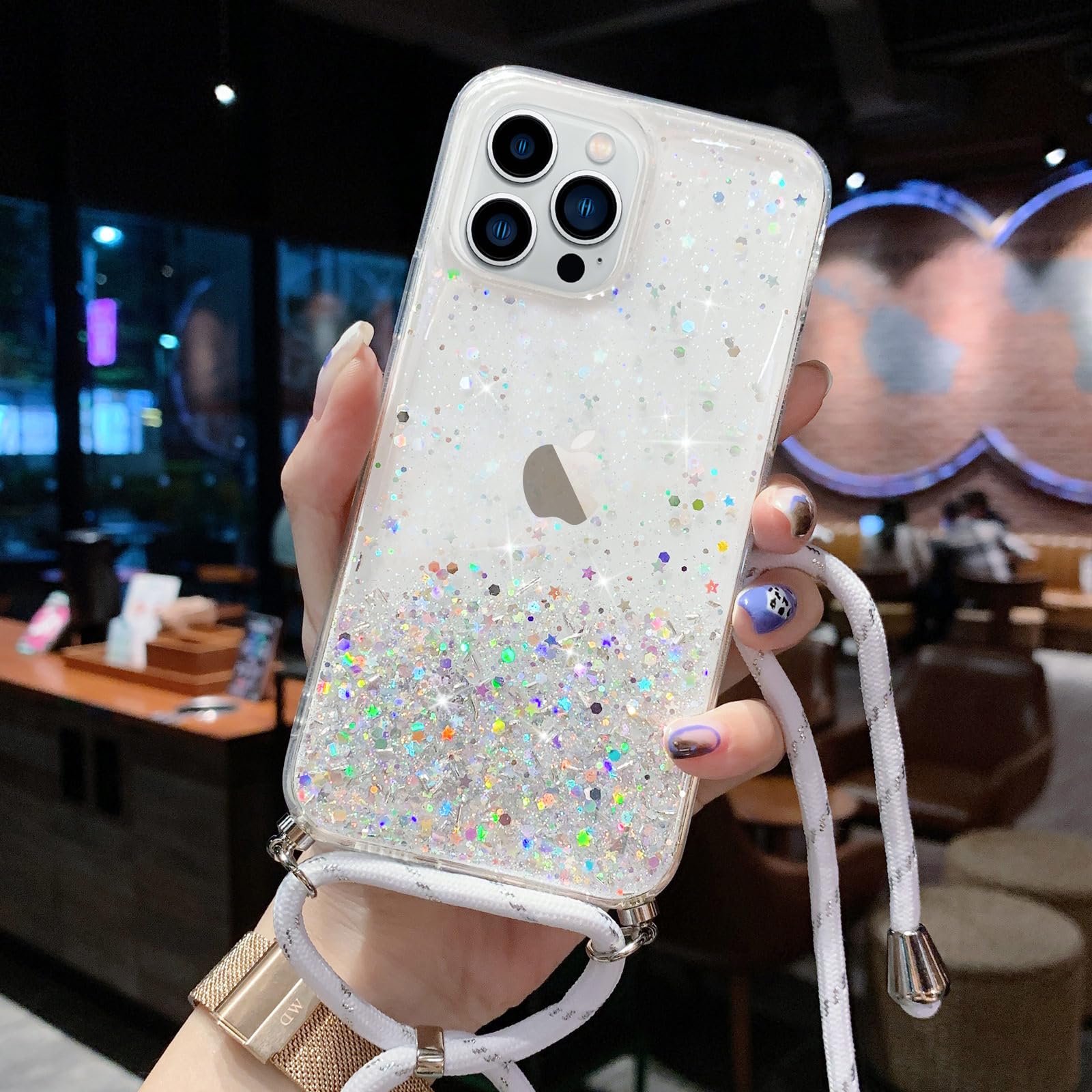 Handyhülle Mit Band Für IPhone 15 Pro – Kordel Zum Umhängen, Transparent Mit Glitzer, TPU Silikon