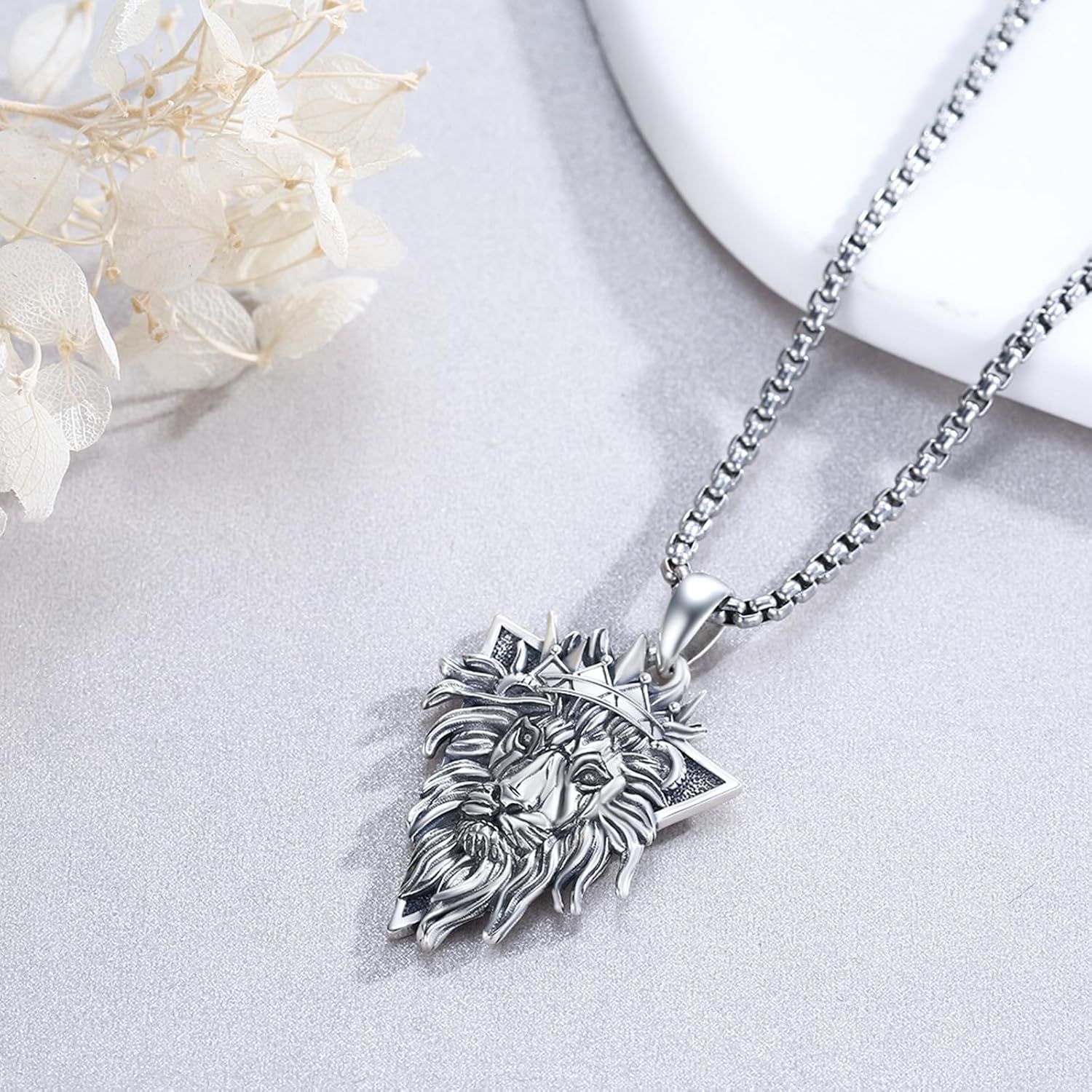 Cuoka Lion Necklace for Men Women S925 Sterling Silver King Retro Punk Gothic Hip Hop Rock Animal Lion Head Pendant Charm Jewelry Chain Necklace Viking Protection Amulet Necklaces - Image 3