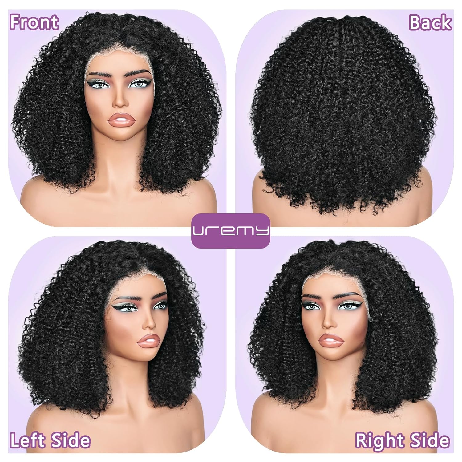 Curly Afro Wig Human Hair, 13x4 Lace Front Kinky Curly Glueless Wigs, 180 Density Pre Plucked Transparent Lace Frontal Brazilian Human Hair Bob Wig for Black Women, 4A/4B Natural Black 16 Inch