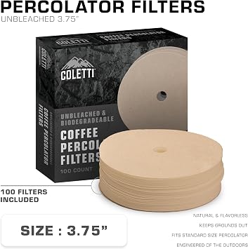 COLETTI Bozeman Super Bundle Percolator Coffee Pot, Camping Coffee Pot, 2x Glass Globes, 100-Pack of Natural Filters Camping's Best Percolator Pure Stainless Steel [9 Cup Bundle]