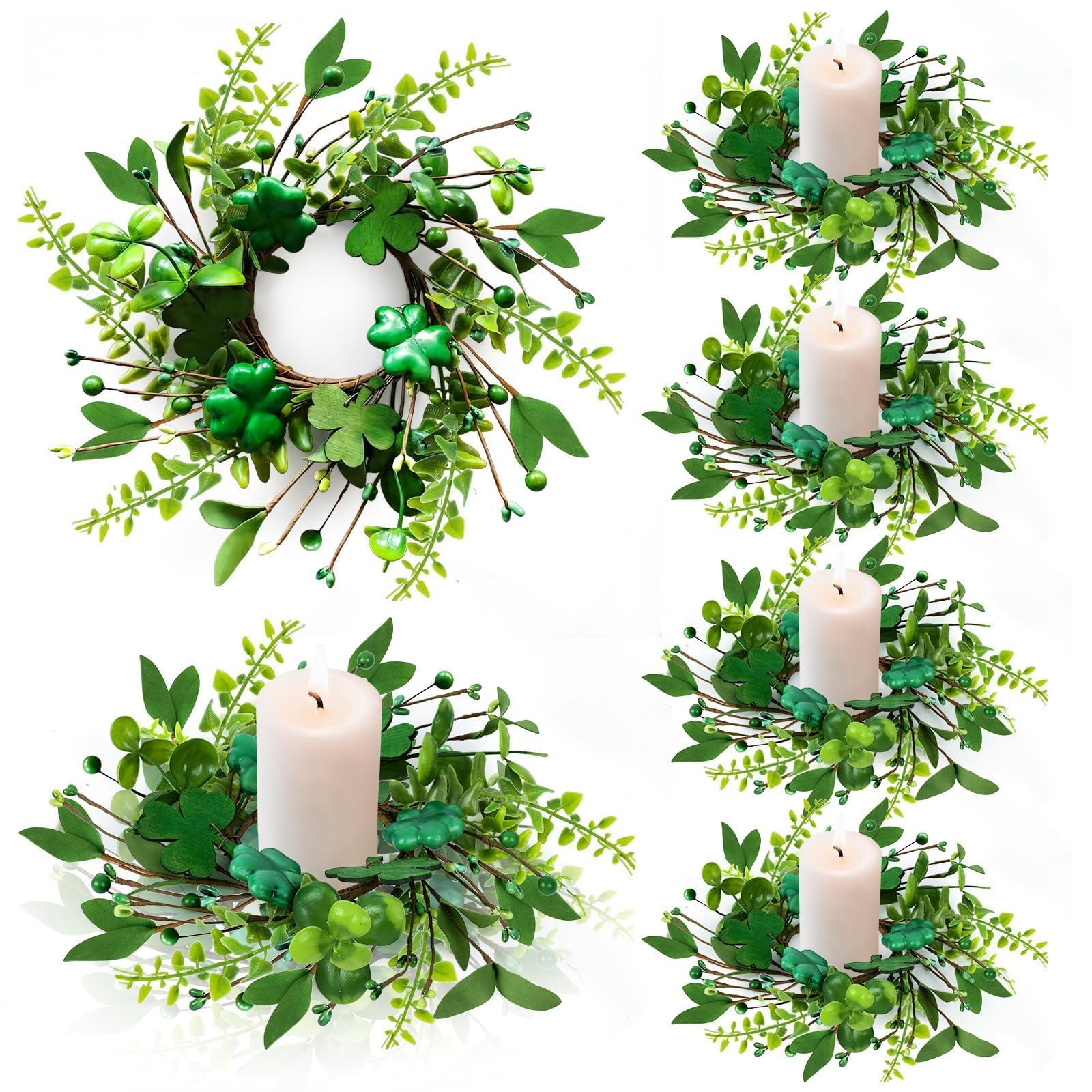 Pillar Candle Ring Wreaths Mini Purple Lavender Table Centerpieces Wreath 9 Inch Wreath for Cabinets Artificial Farmhouse Lavender Wreaths for Front Door Porch Wall Window (6, St.Patrick-1)