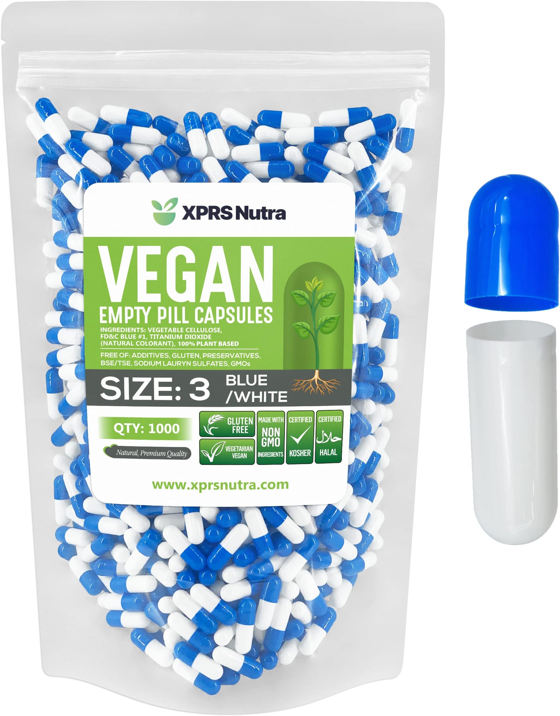 XPRS Nutra Size 3 Empty Capsules - 1000 Count Vegan Capsules - Vegetarian Pills - DIY Vegetable Capsule Filling - Veggie Pill Caps (Blue/White)