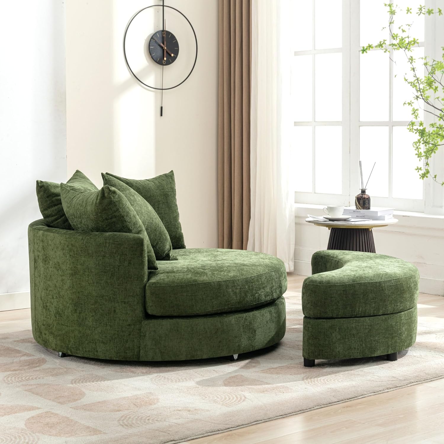 ERYE Oversized Round Accent Barrel Chair with Storage Ottoman and 360 Swivel Base, Modern Chenille Upholstered Leisure Recliner Armchair for Living Room Bedroom