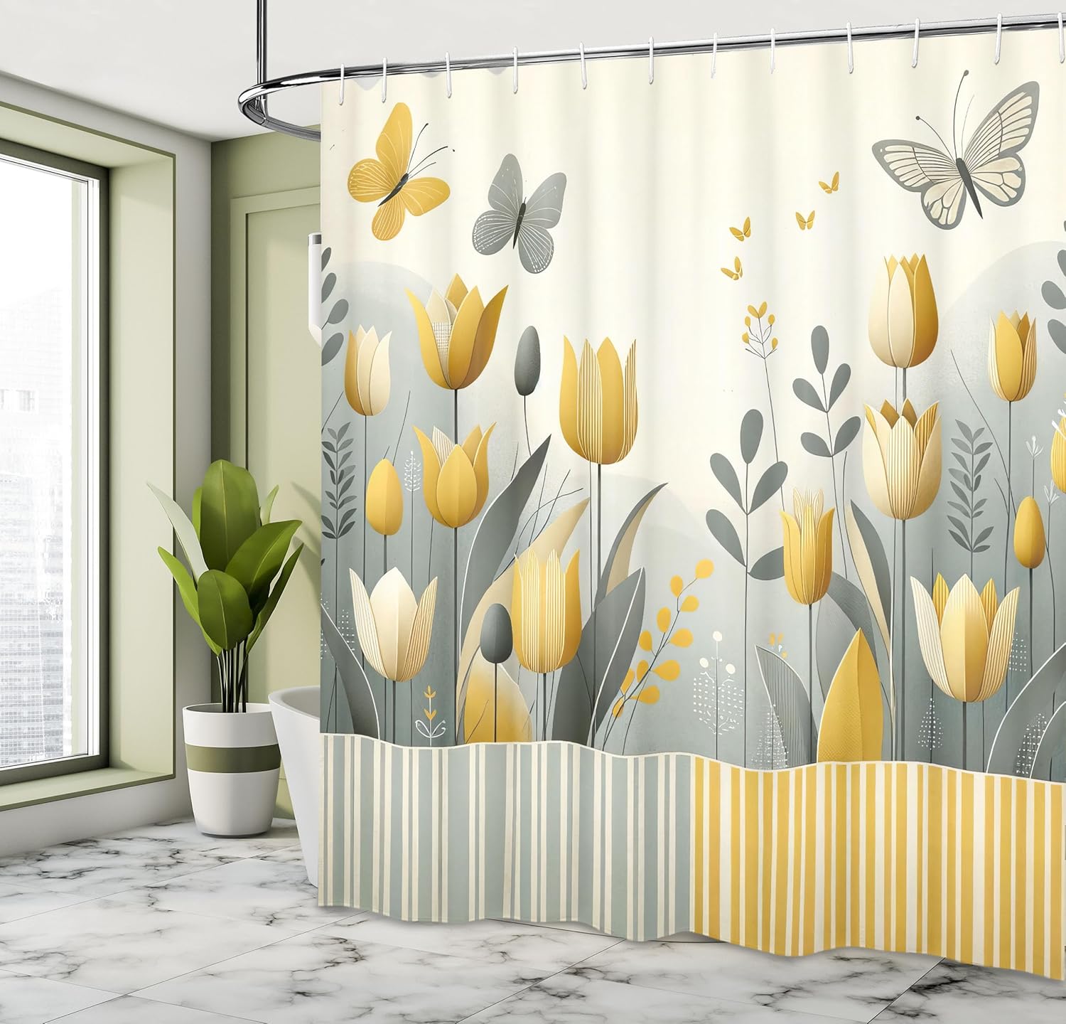Ambesonne Yellow Shower Curtain, Modern Scandi Art of Garden Scene Tulip Flowers and Dancing Butterfly, Cloth Fabric Bathroom Decor Set with Hooks, 69" W x 75" L, Apricot Purpleblue Beige
