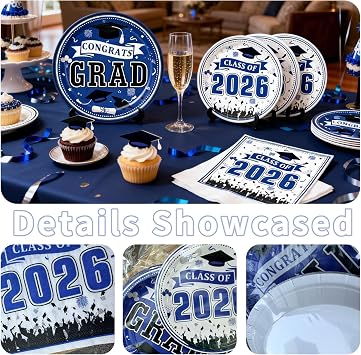2026 Graduation Party Supplies Blue & Black Disposable Plates and Napkins, Class of 2025 Tableware Set for College and High School Graduation Parties, Serves 16