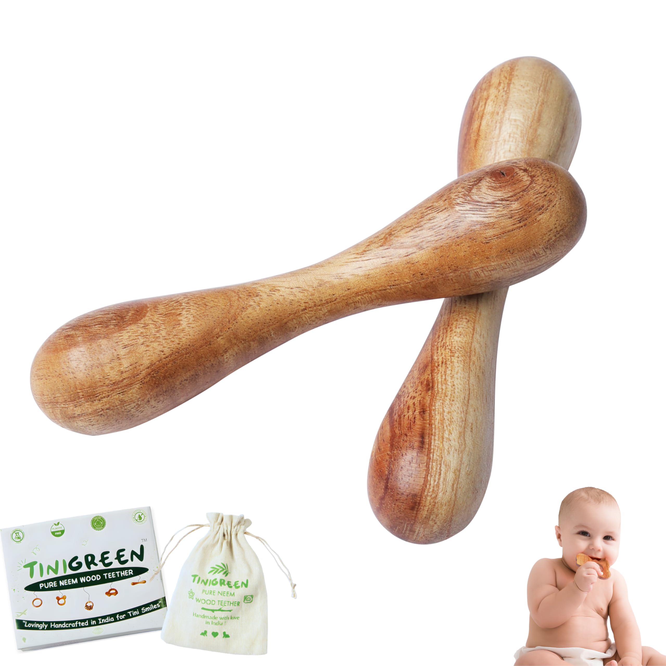 TINIGREEN Two Dumbbell Shaped Organic Neem Wood Teether Combo for Baby (Pack of 2)-picture-33