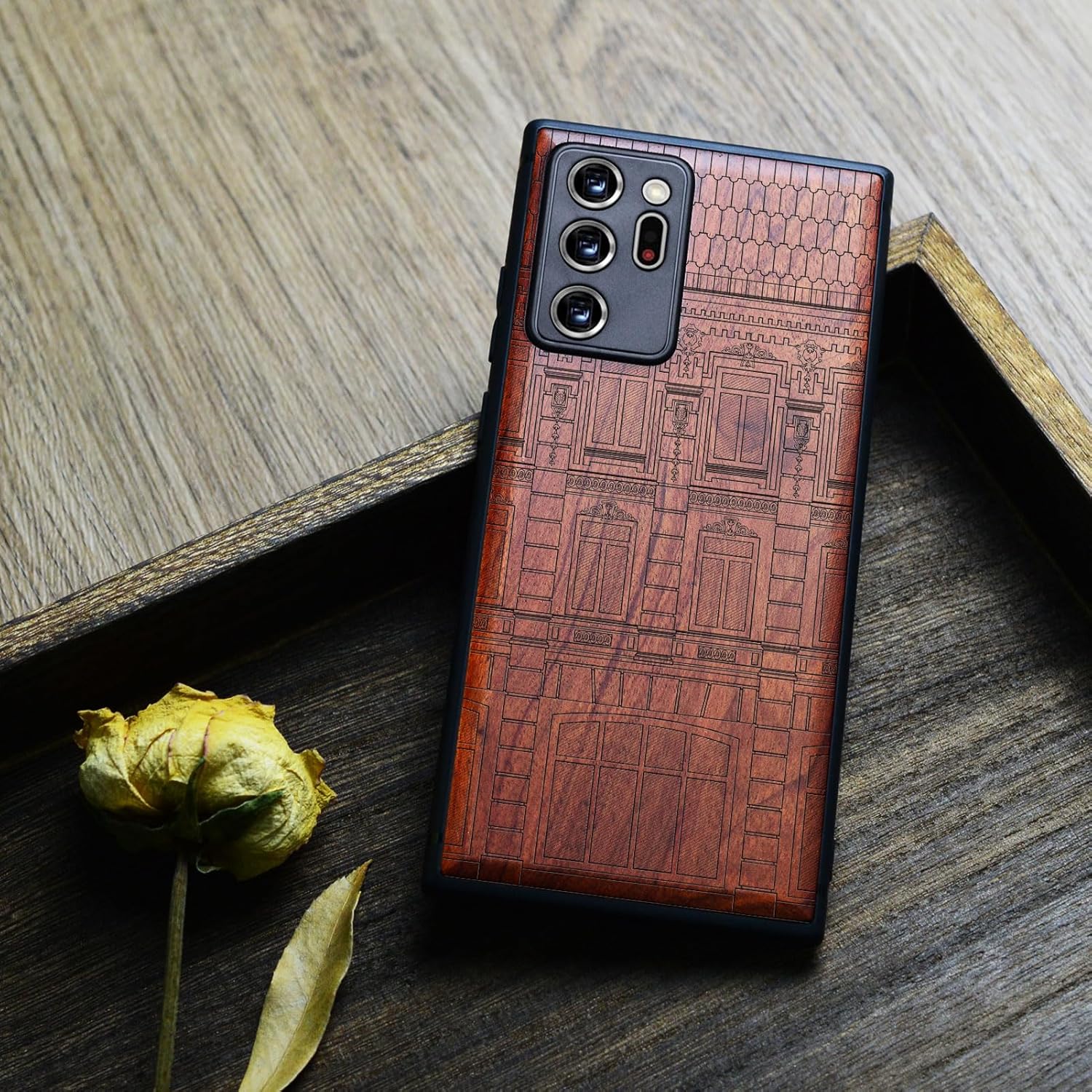 Carveit Wood Case for Galaxy Note20 Ultra Case [Natural Wood & Black Soft TPU] Protective Unique Wooden Cover Compatible with Samsung Note20 Ultra (Baroque Architectural Art-Rosy)