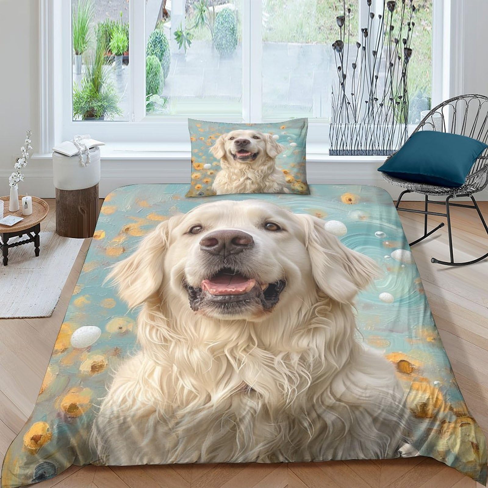 BARDYS Golden Retriever 3D Print Puppy for Teens And Adults Comforter Covers Quilt Cover Duvet Cover with Zipper Closure Bedding Set Soft Microfiber with Pillow Cases 3 Pieces Single（135x200cm）