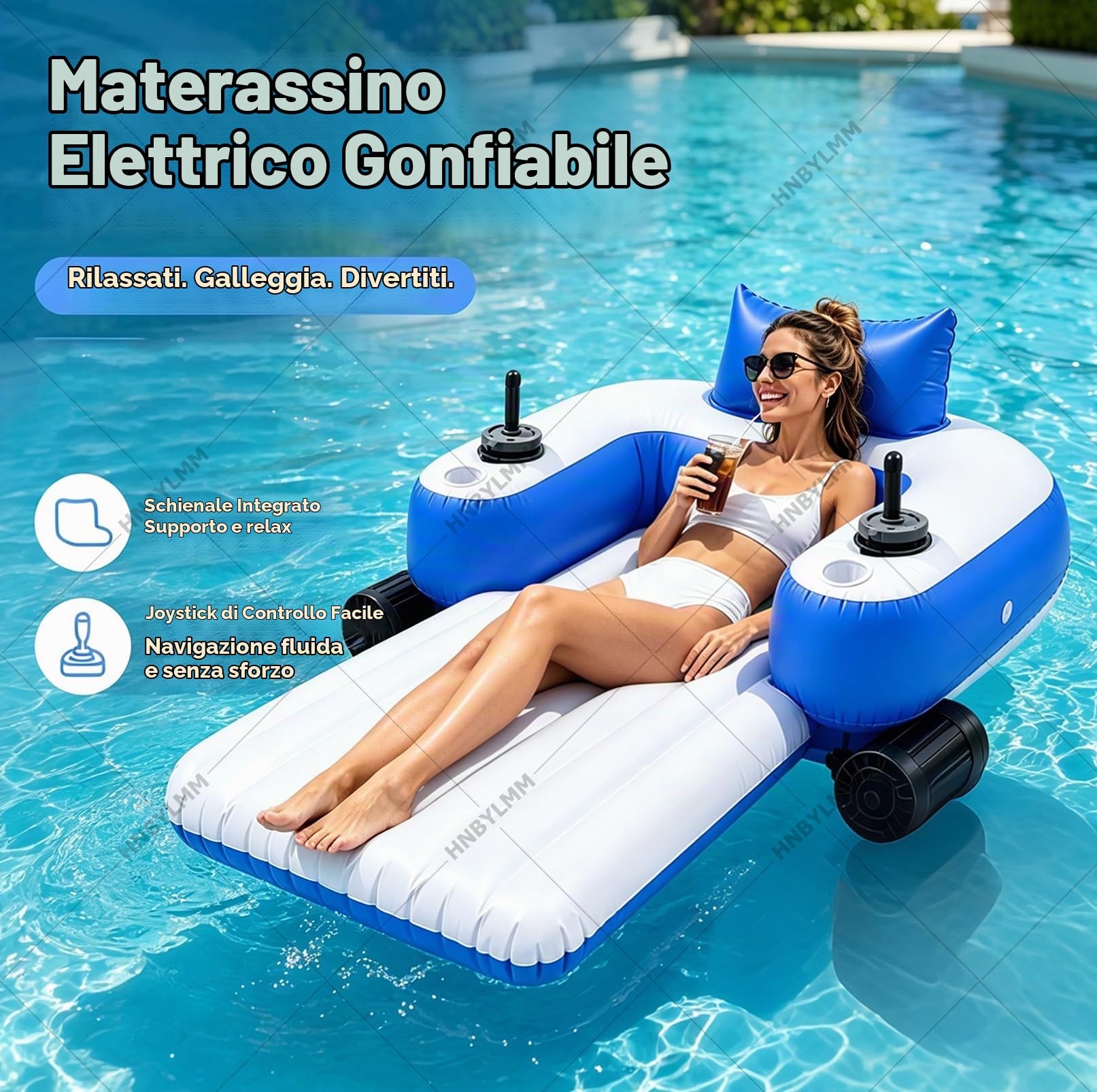 Materassino gonfiabile motorizzato per adulti - Lettino da piscina motorizzato a doppio motore, con joystick e portabicchieri, portata fino a 150 kg; per feste, spiaggia e relax estivo