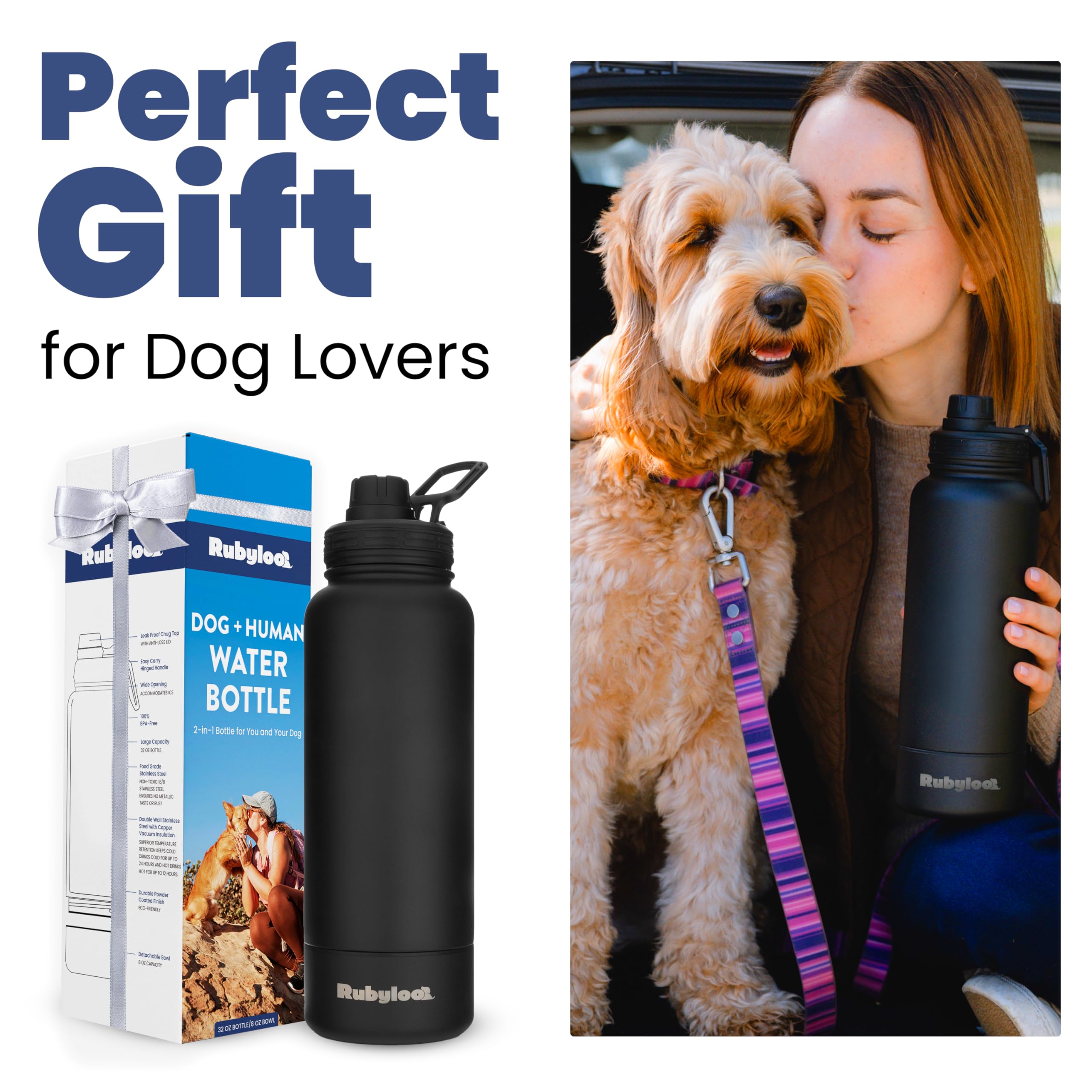 Dog Water Bottle for Dog Lovers - 32 oz Stainless Steel Double Wall Insulated Water Bottle with 8 oz Detachable Bowl on Bottom for Doggy Mom & Dad for Hiking, Walks, Travel - Black - image 6
