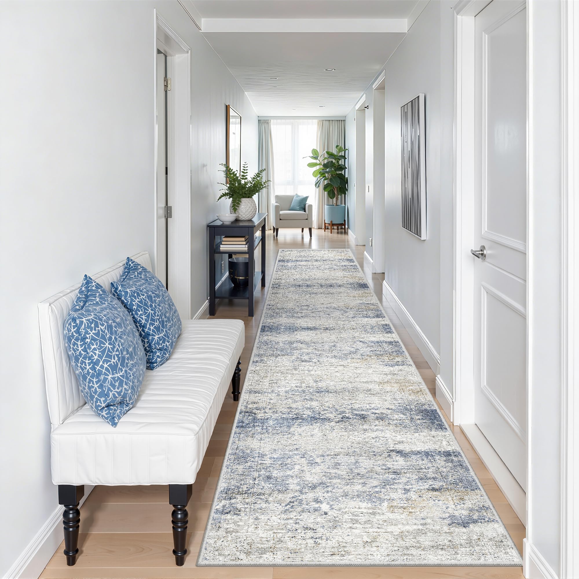 Restydon - Long Hallway Runner Rug 12 Feet, Non-Slip, Washable, for Entryway, Living Room, Soft Low-Pile Floor Mat (2 x 12 Feet, Blue/Brown/Ivory) — image 1
