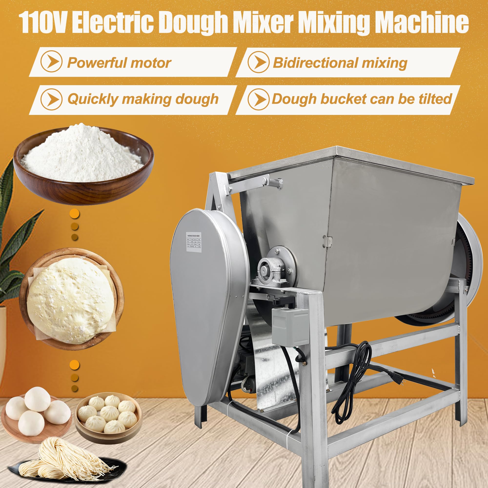 HQHAOTWU Electric Dough Mixer Stainless Steel Dough Mixing Machine 110 lbs Commercial Flour Mixer Dough Kneading Machine with 90 Degree Tilt Bucket Stand Food Mixer for Buns Dumplings Noodles 110V