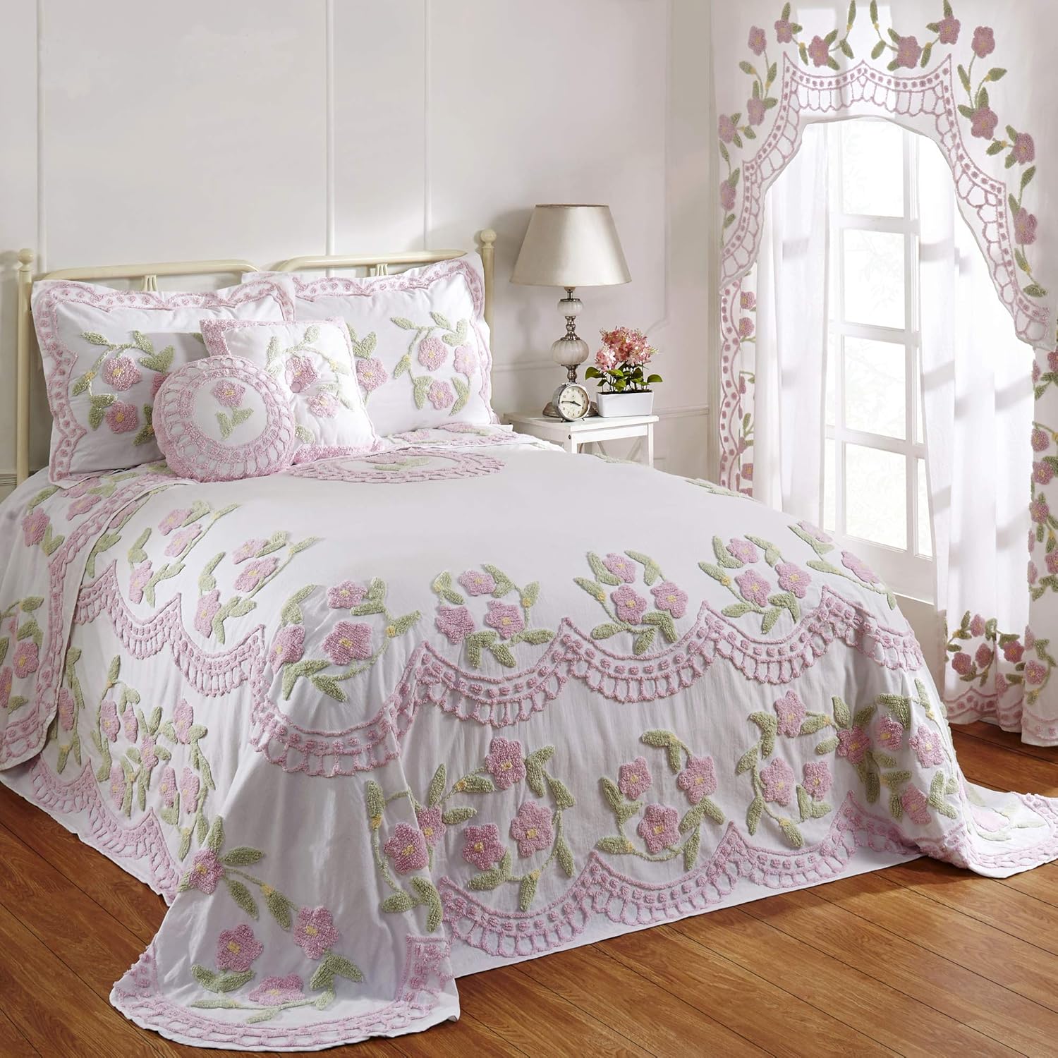 Better Trends Chenille Bedspreads Full/Double Size, Rose 100% Cotton Chenille Floral Design Tufted Bedding Coverlet Soft Lightweight, 81"x110" 1 Pieces Bloomfield Collection Twin Bedspread Rose