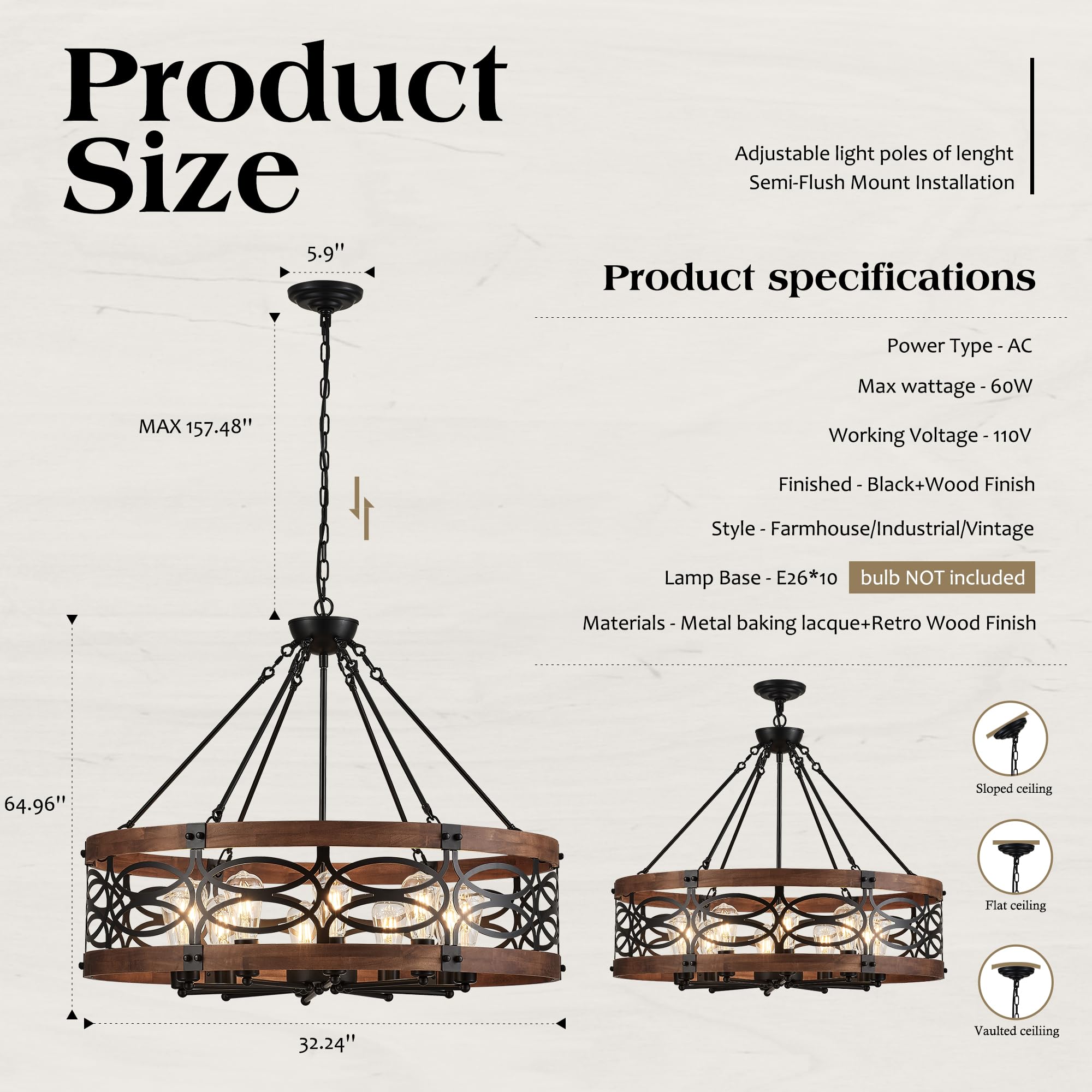 10-Light Farmhouse Drum Wood Pendant Light,32.24'' Vintage Rustic Brown Oak Wood Chandeliers,Retro Industrial Hanging Light Fixtures for Dining Room Entryway, Bedroom - Detailed View
