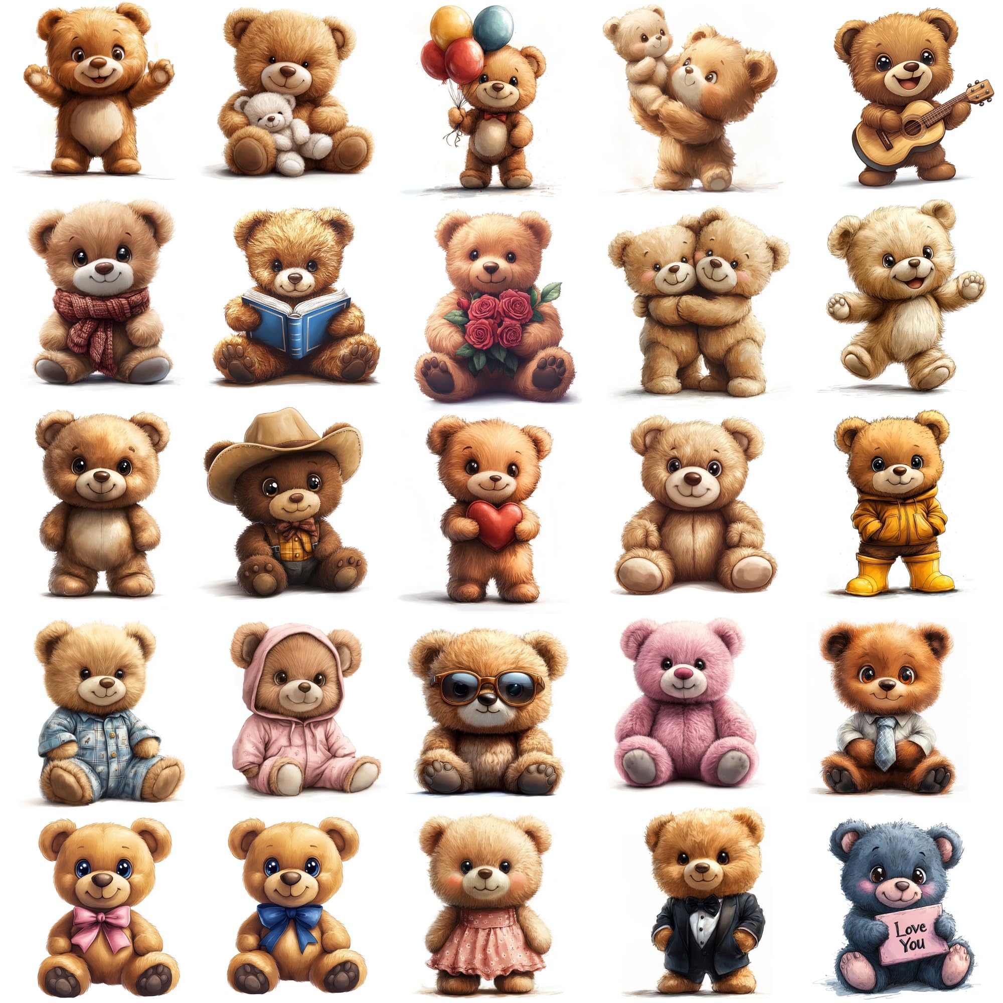 McEtt Teddy Bear Sticker Sheets - Cute Teddy Bear Stuffed Animal Stickers for Kids Students Teens - 5 Sheet Pack (125 Pieces) - Birthday Party Favors, Classroom, Laptops, Water Bottles