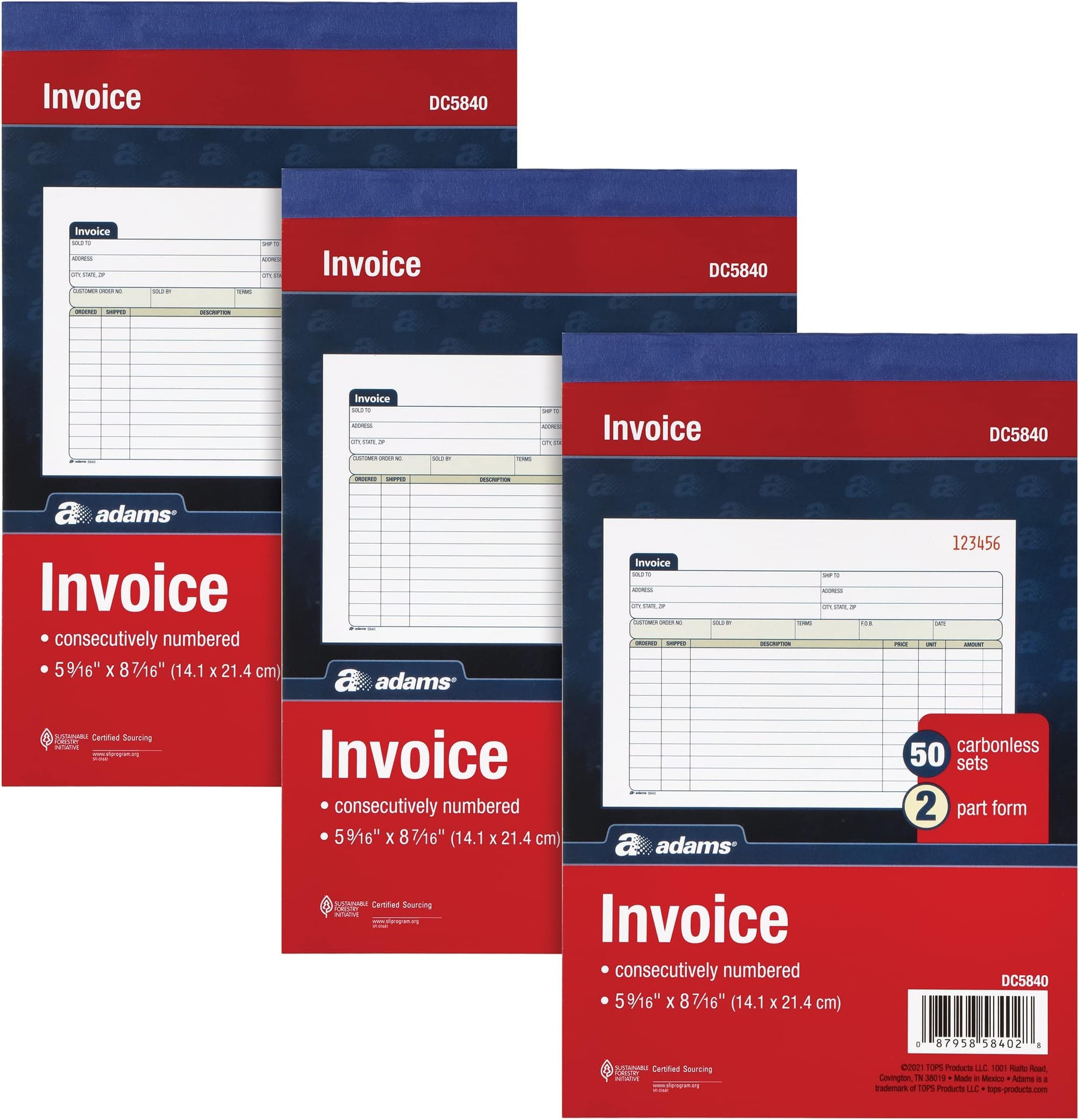 Adams Invoice Book 24 Pack, 2 Part Carbonless Invoices, Horizontal Sales Slip, 5-9/16 x 8-7/16 Inches, 50 Sets per Book (DC5840-3)