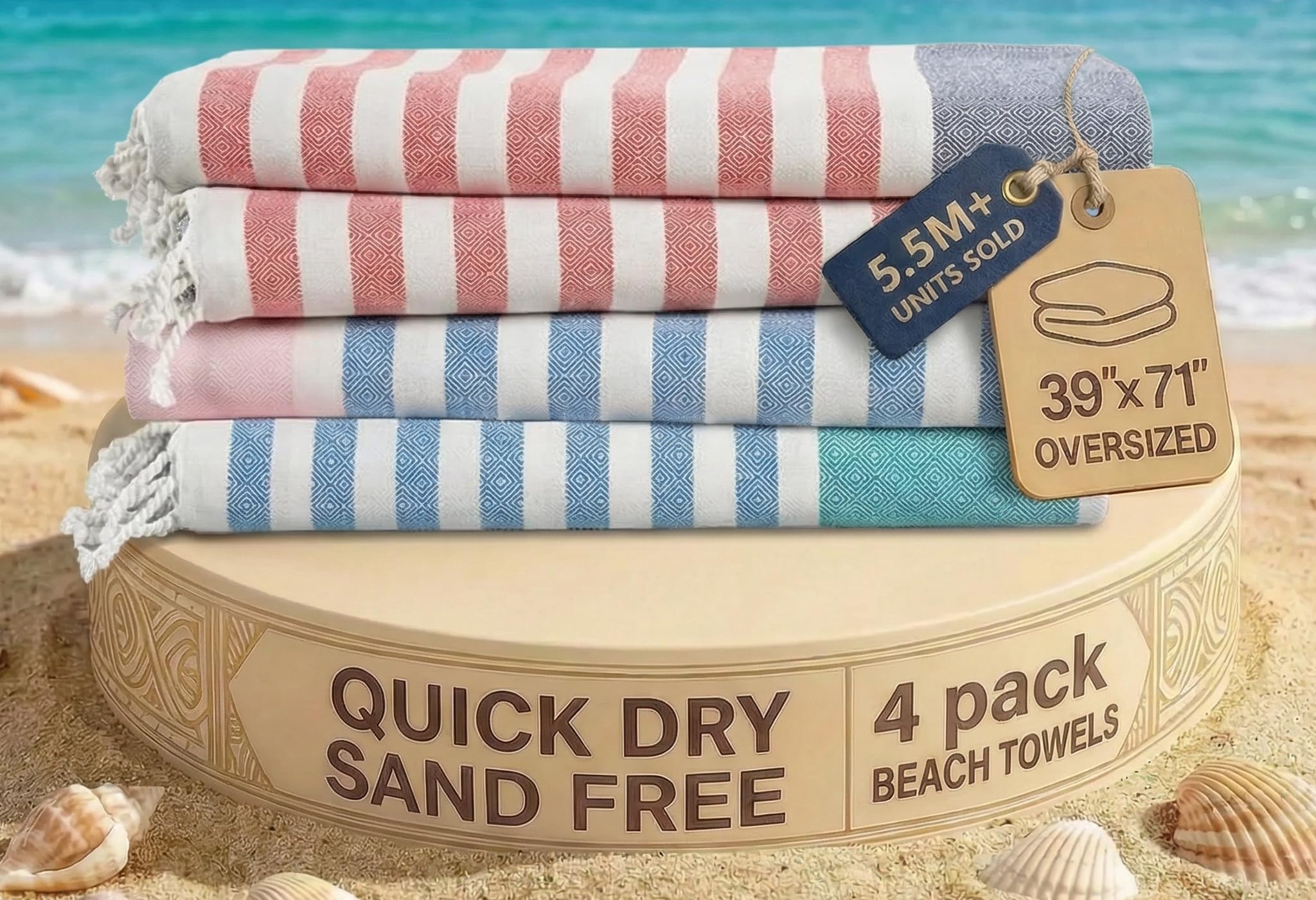 LANE LINEN 4 Pack Cotton Rich Beach Towels - Oversized, Pre-Washed, Absorbent & Quick Dry, No Sand, Multi Stripe Diamond, 39"x71"
