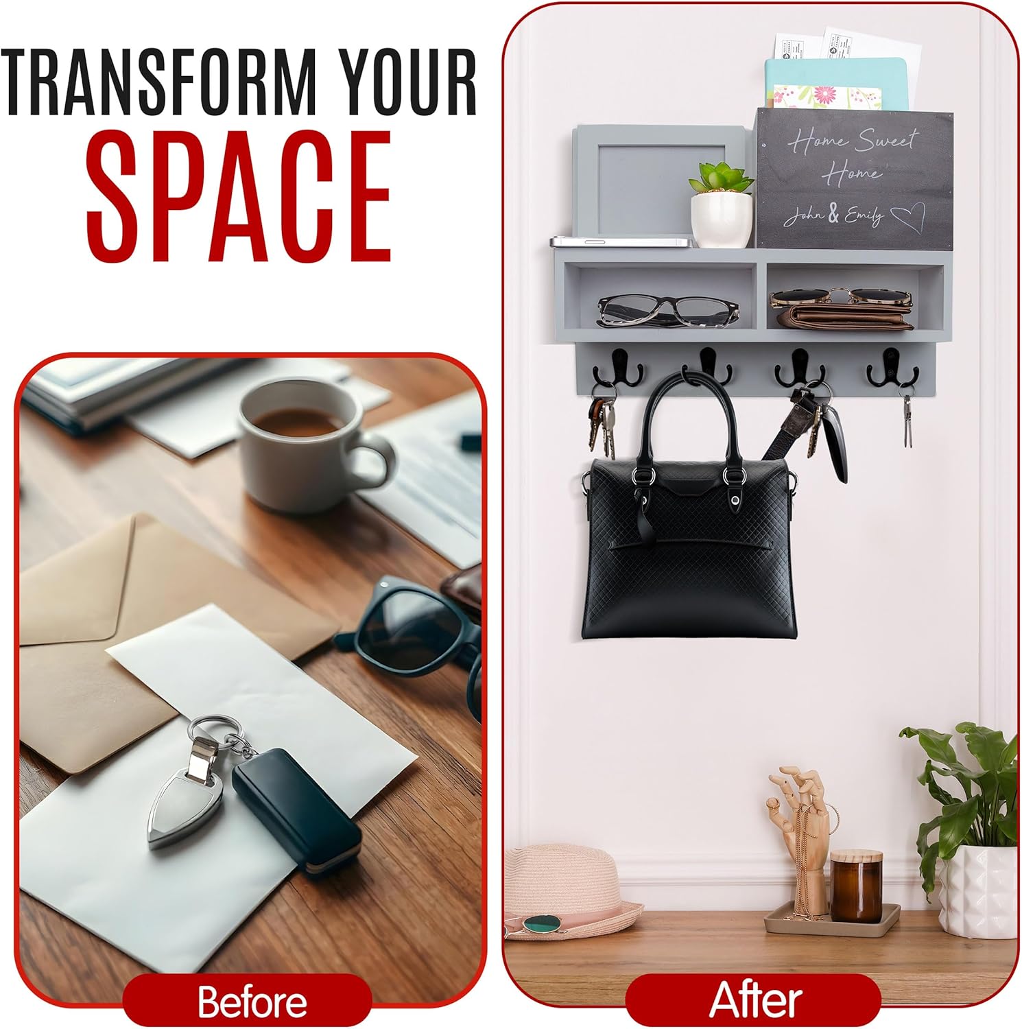 Spacelog Key and Mail Holder for Wall with Chalkboard – Magnetic Picture Frame Key Holder Wall Mount, Grey, Dual Storage & Cupboards