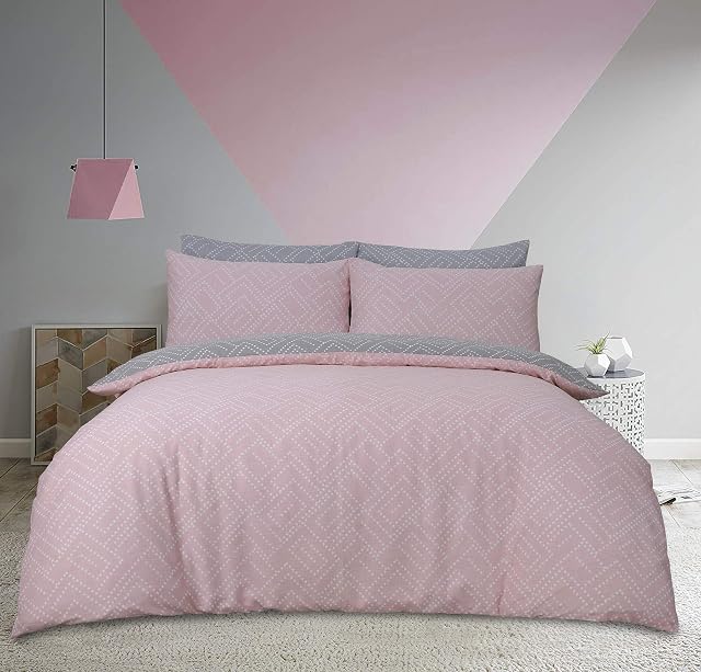 Sleepdown Square Dot Geo Pink Reversible Soft Duvet Cover Quilt And Bedding Set With Pillowcase - Single (135cm x 200cm)