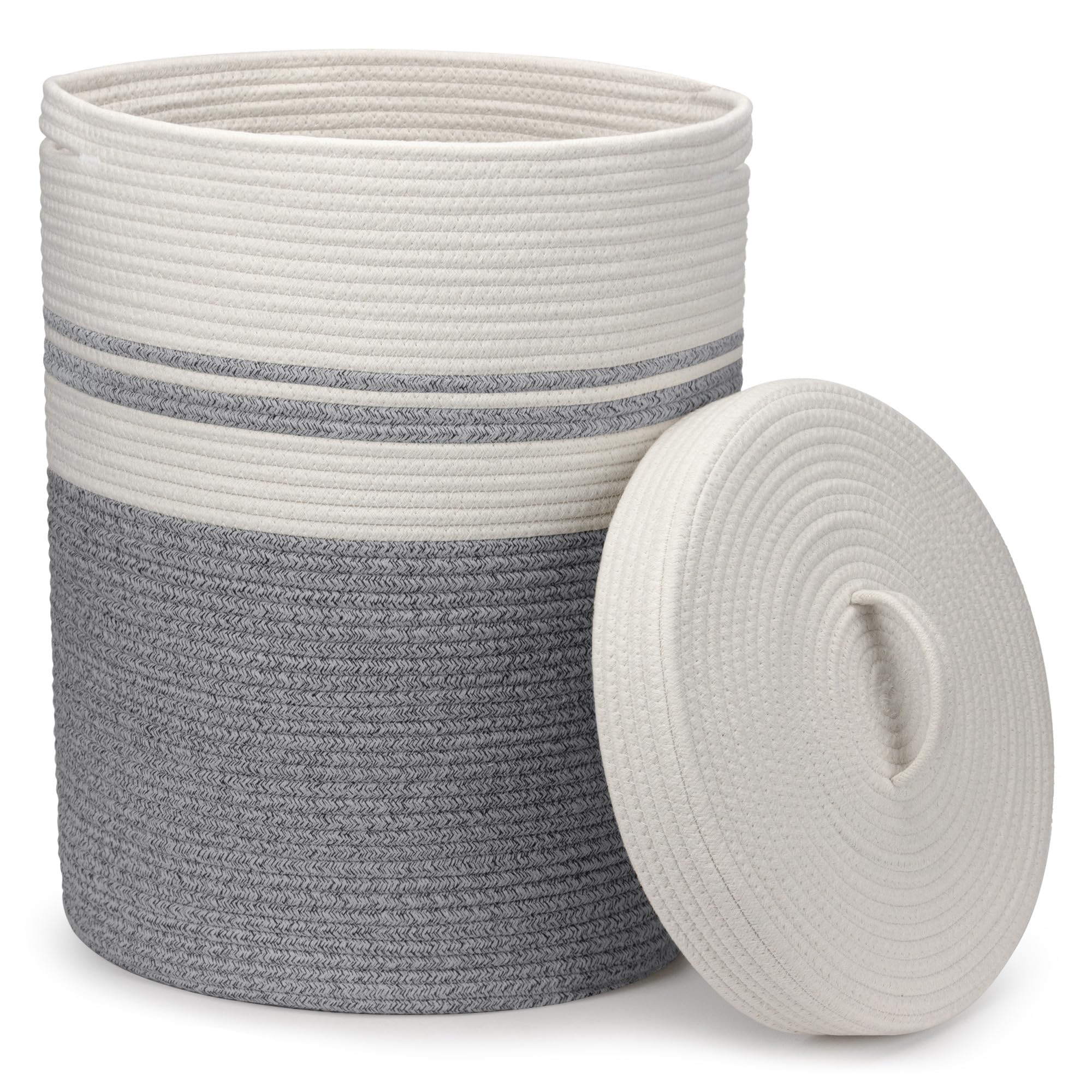 Goodheim Foldable Laundry Basket with Lid, Laundry Hamper - Laundry Baskets, Baskets, Braided Large & XXL, White, Cotton Basket - Storage Basket Large (Grey, 37 x 52 cm)