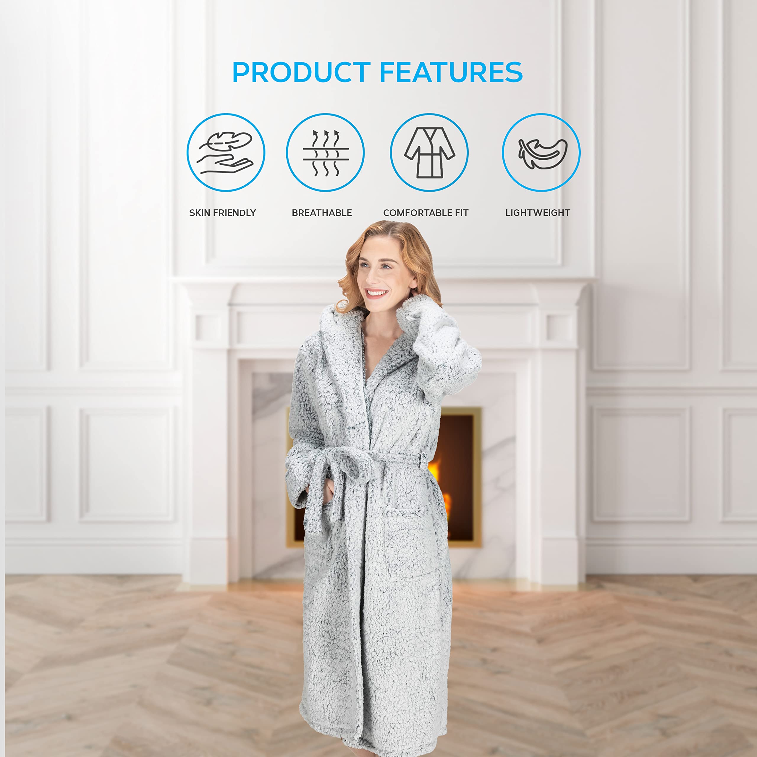 MONHOUSE Womens Bath Robe - Premium Super Soft & Cosy Long Bathrobe - Ladies Thick Flannel Luxury Housecoat - Shearling Spa Gown for Her - Dark Grey Shealing UK 16-18
