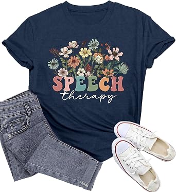 Womens Speech Therapy Shirt Speech Language Pathologist T-Shirts Floral SLP Professionals Tee Tops