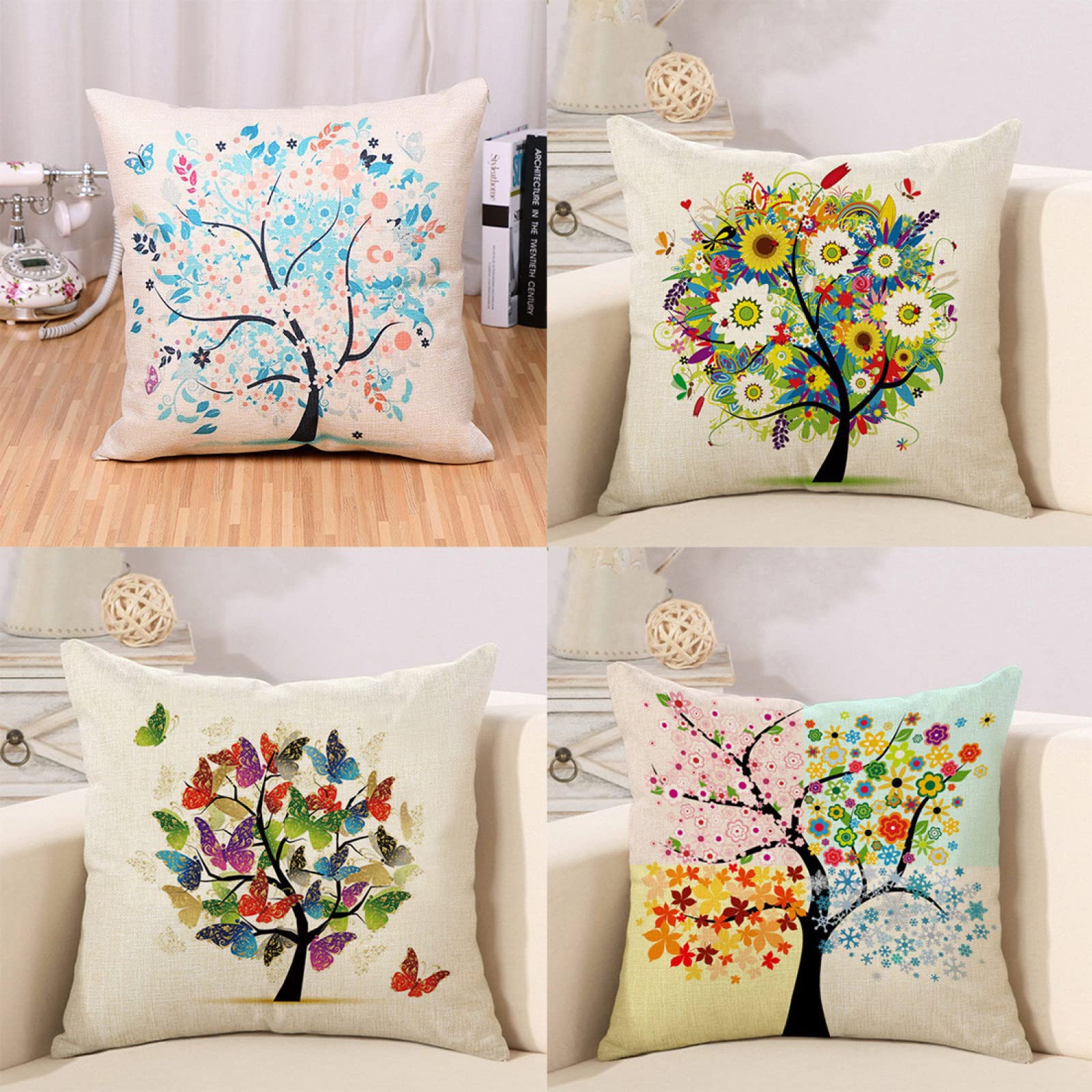 Housse de coussin 55x55cm en lin lot de 4 taies carrées double face Arbre des couleurs