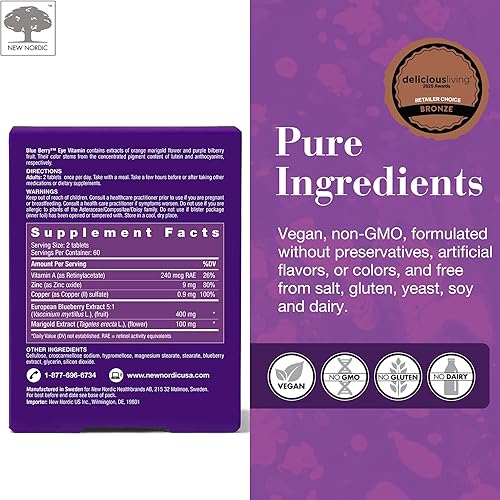 Miniatura 6 de NEW NORDIC Blue Berry Eye Suplemento de vitamina luteína con zinc, soporta pigmentación macular, función ocular y visión, 120 tabletas (paquete de 1)