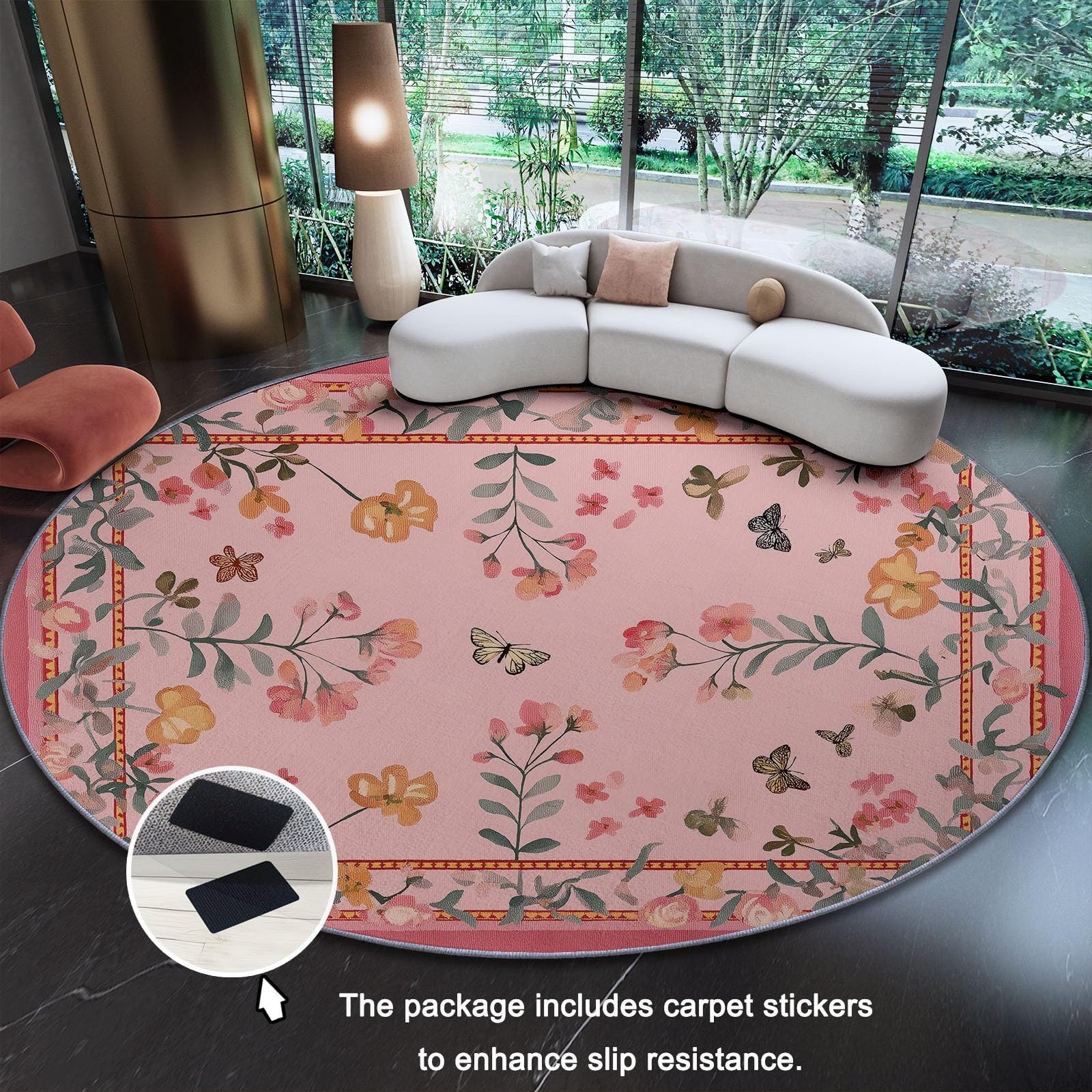 Teppich Rund 120 cm Aquarell Schmetterling Blumen Landschaft Weich Teppich Gegend Kreis rutschfest Waschbar Bedruckt Bodenteppich Wohnzimmer Schlafzimmer Esszimmer, Rosa
