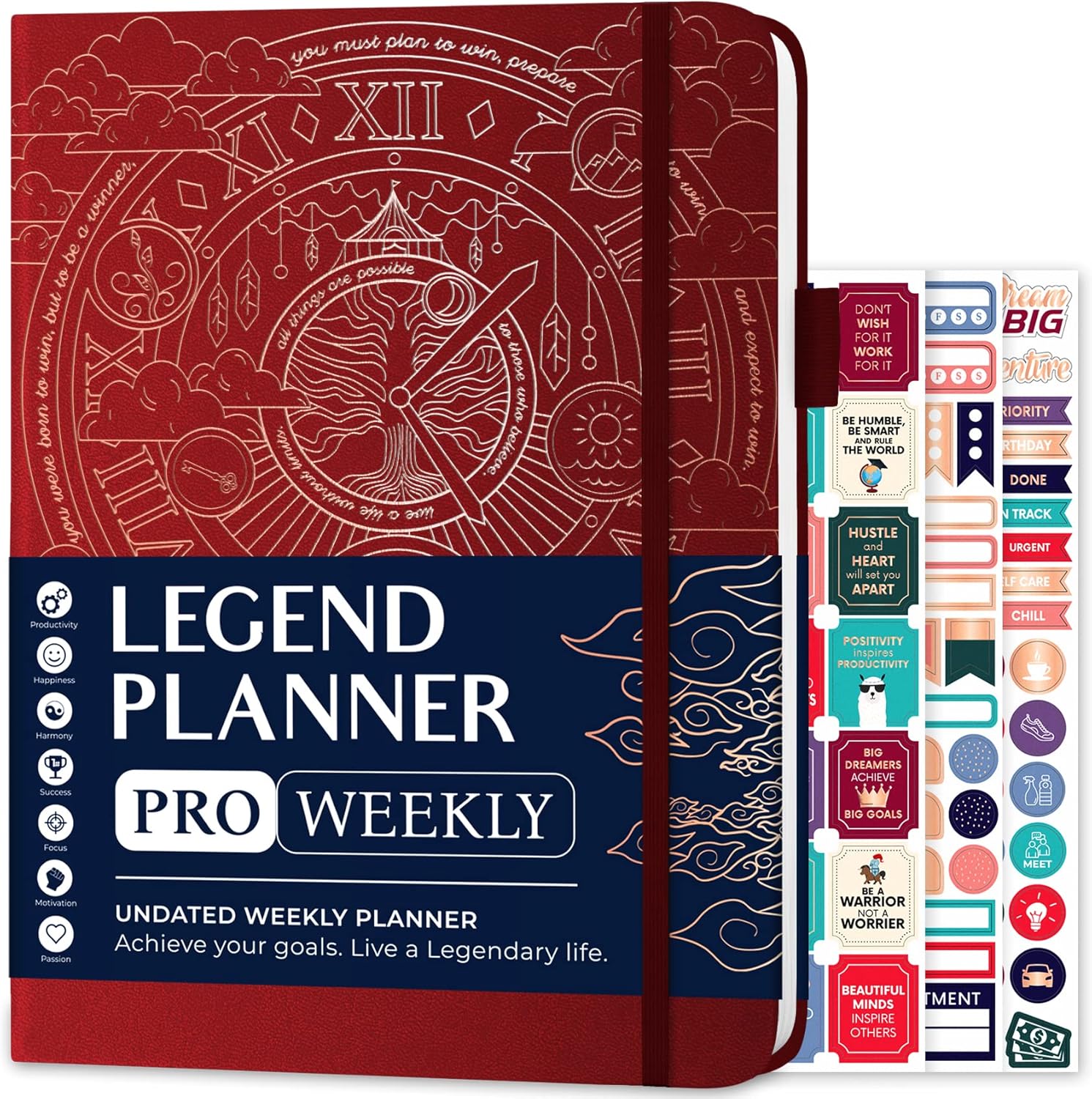 Legend Planner PRO – Deluxe Weekly & Monthly Life Planner to Increase Productivity and Hit Your Goals. Time Management Organizer Notebook – Undated – 7 x 10″ Hardcover + Stickers – Wine Red
