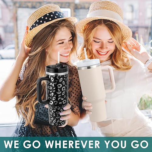 Miniatura 3 de Vaso de leopardo de 40 onzas con asa y tapa con popote, taza de viaje de acero inoxidable aislada para café helado, regalos de cumpleaños para