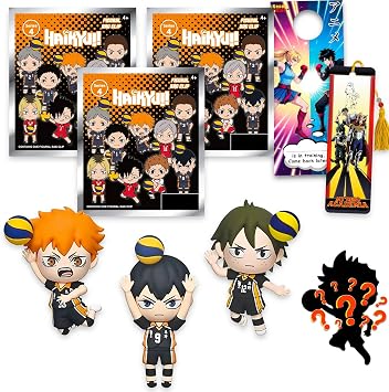 Haikyuu Series 4 Blind Bags Party Favors 3 Pack Set - Bundle with 3 Keychain Mystery Figures Plus Stickers, More | Haikyuu Bag Clips for Kids, Boys, Girls