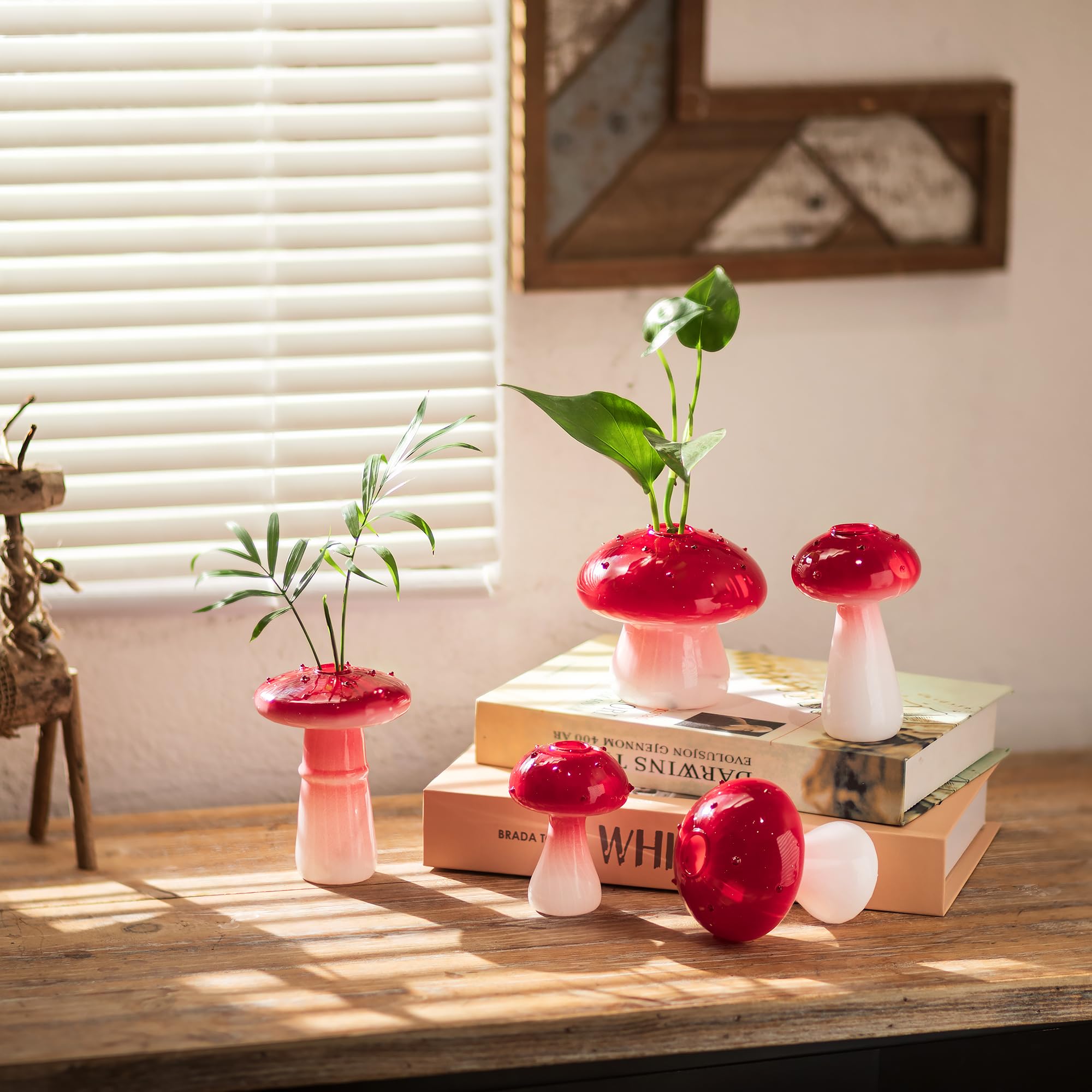Hewory Glass Mushroom Vase for Flowers: 5pcs Unique Red Small Bud Flower Vases, Plant Propagation Jars Hydroponic Planters, Funky Cute Decor for Home Room Kitchen Office Windowsill Decorations
