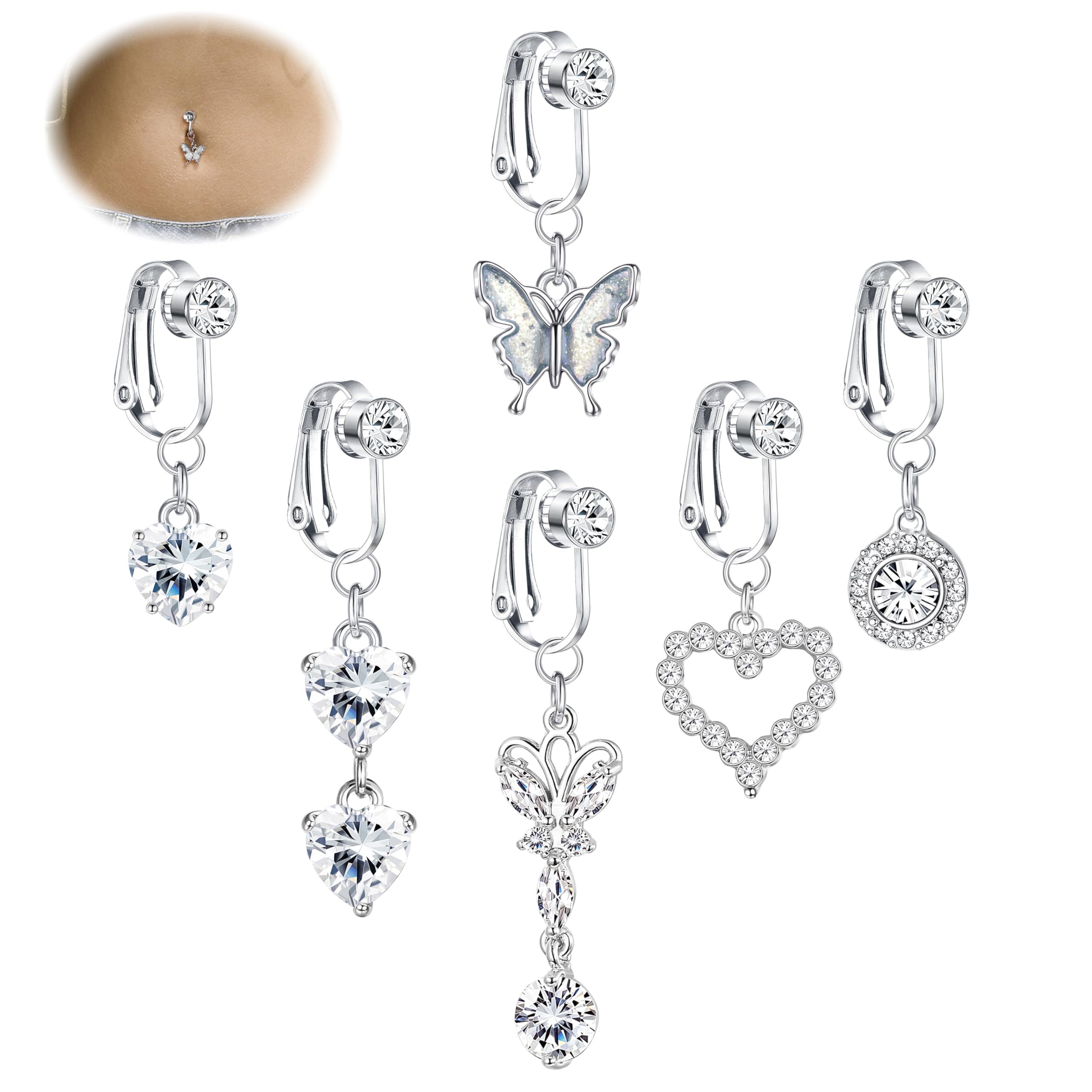 Fake Belly Ring Clip on Belly Button Rings Fake Belly Surgical Steel Fake Belly Button Ring for Women CZ Butterfly Heart Belly Piercing Fake Navel Ring Non Piercing Jewelry 3/6 Pcs