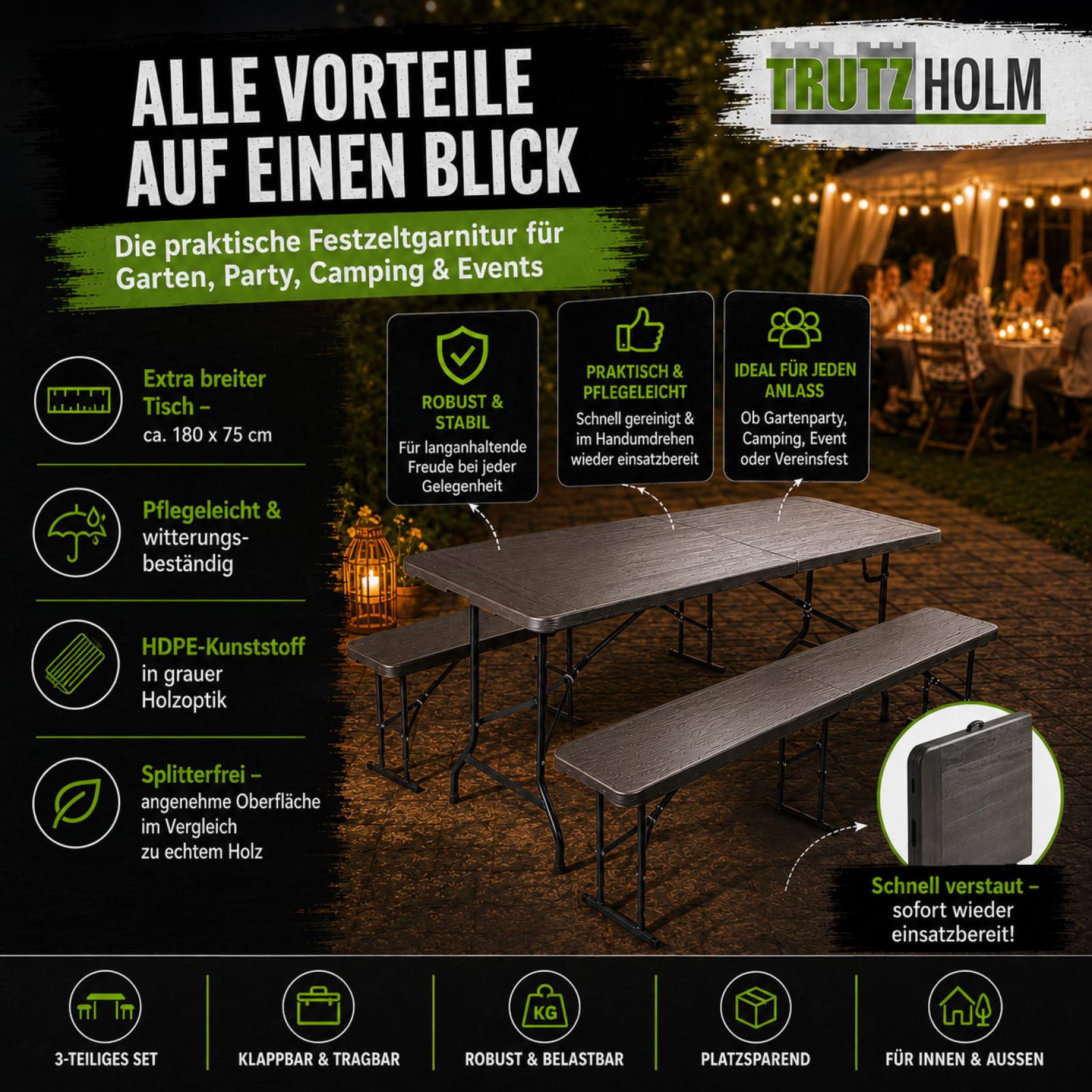 TRUTZHOLM Bierzeltgarnitur in Grauer Holzoptik Festzeltgarnitur 180x75cm klappbar Gartenmöbelset 2 Bierbänke 1 Tisch Campingbedarf Gartenparty Balkon Garnitur