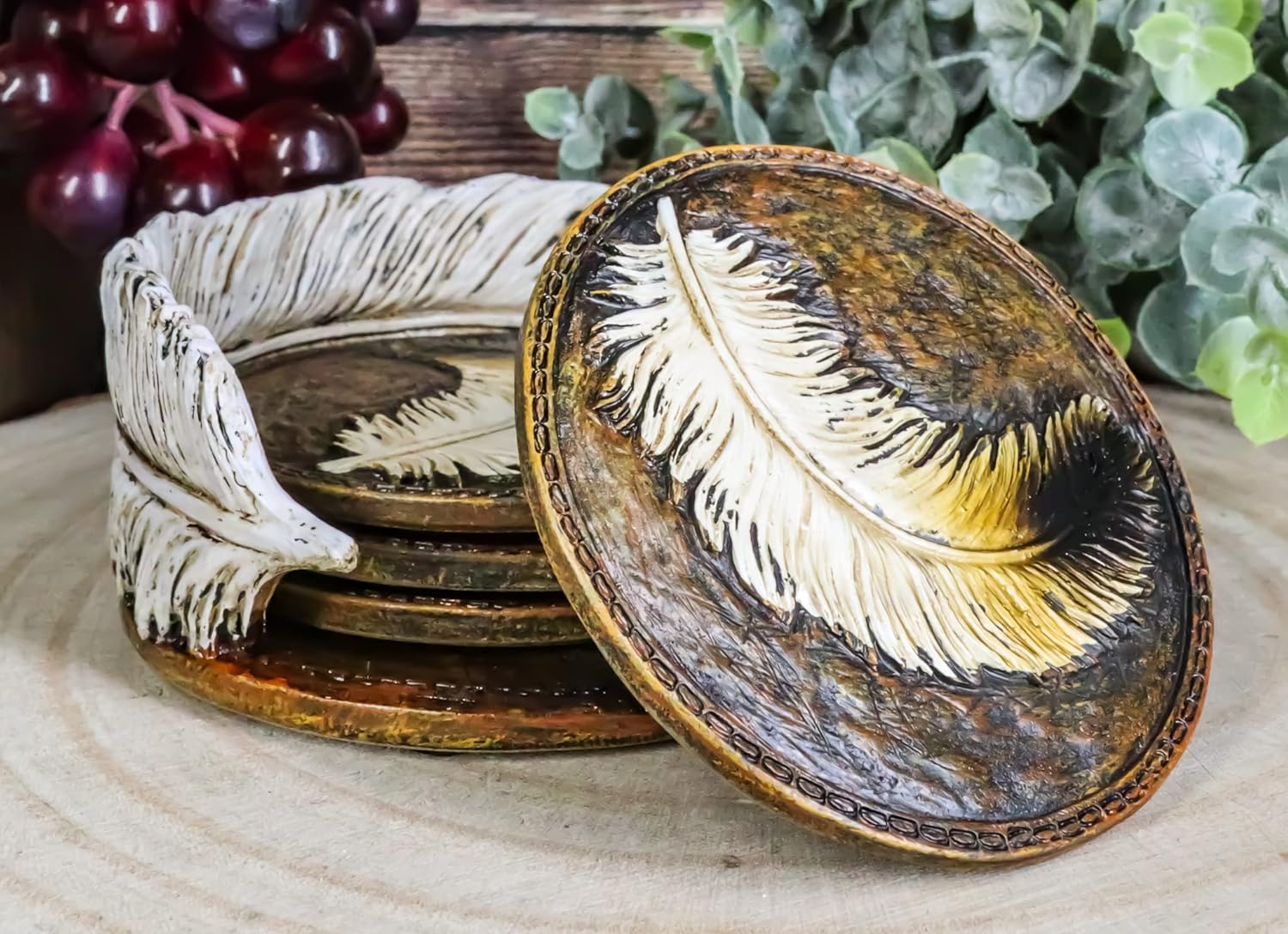 Ebros Rustic Western Indian Eagle Feather Sculpted Coaster Holder with 4 Round Coasters Decor Set in Vintage Colors for Drinks Cups Mugs Home and Kitchen Dining Decorative Figurine Southwestern