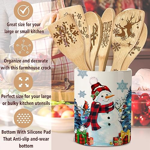 Miniatura 5 de Soporte de cerámica para utensilios de decoración de Navidad con 6 cucharas de bambú de Navidad, herramientas de cocina de muñeco de nieve azul,