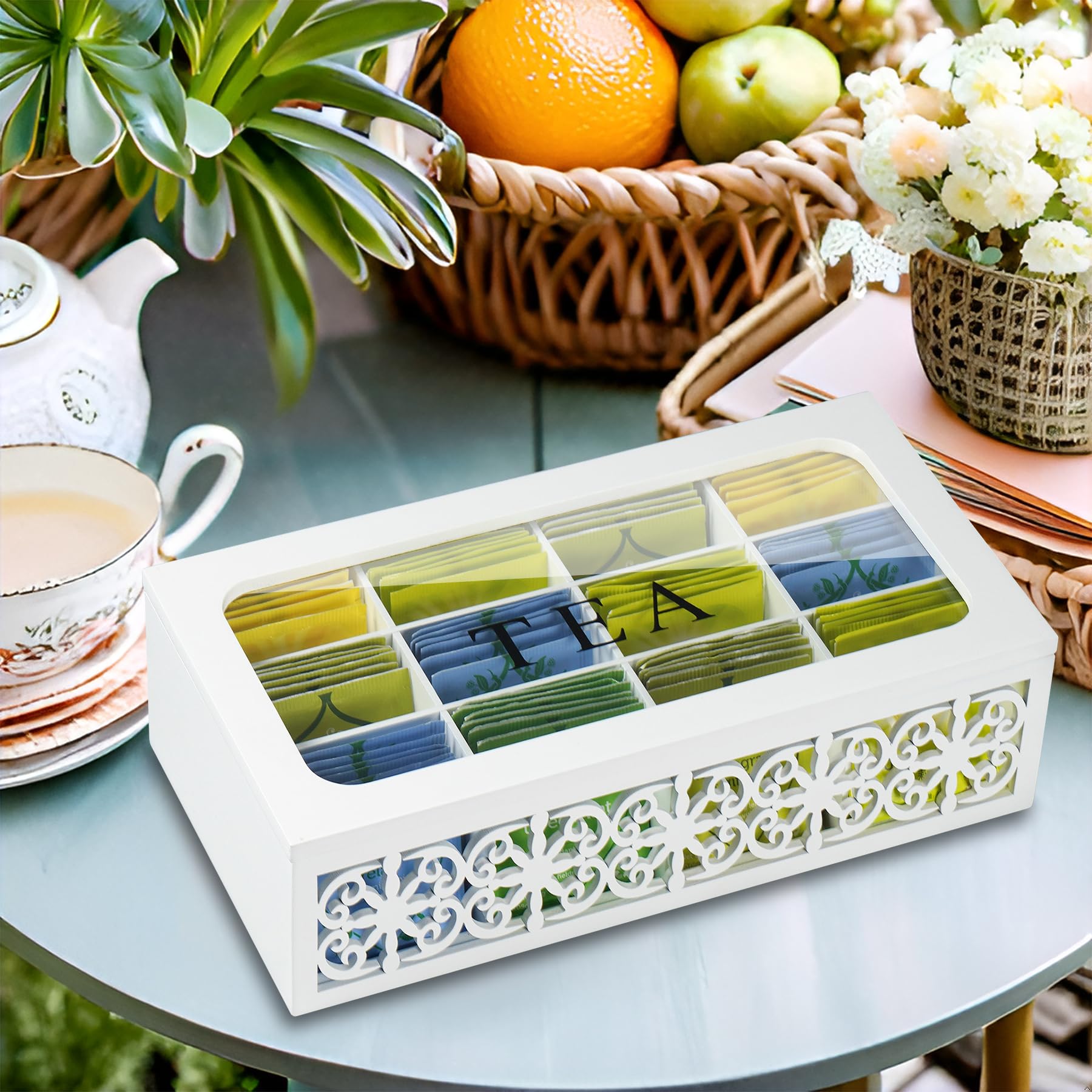 Teebox-Organizer, 12 Fächer, transparenter Deckel, ausgeschnittenes Blumenmuster | Teeaufbewahrung aus Holz, dekorativer Teehalter, vielseitige Tee-Aufbewahrungsbox für Zuhause, Büro, Küche, Speisekammer