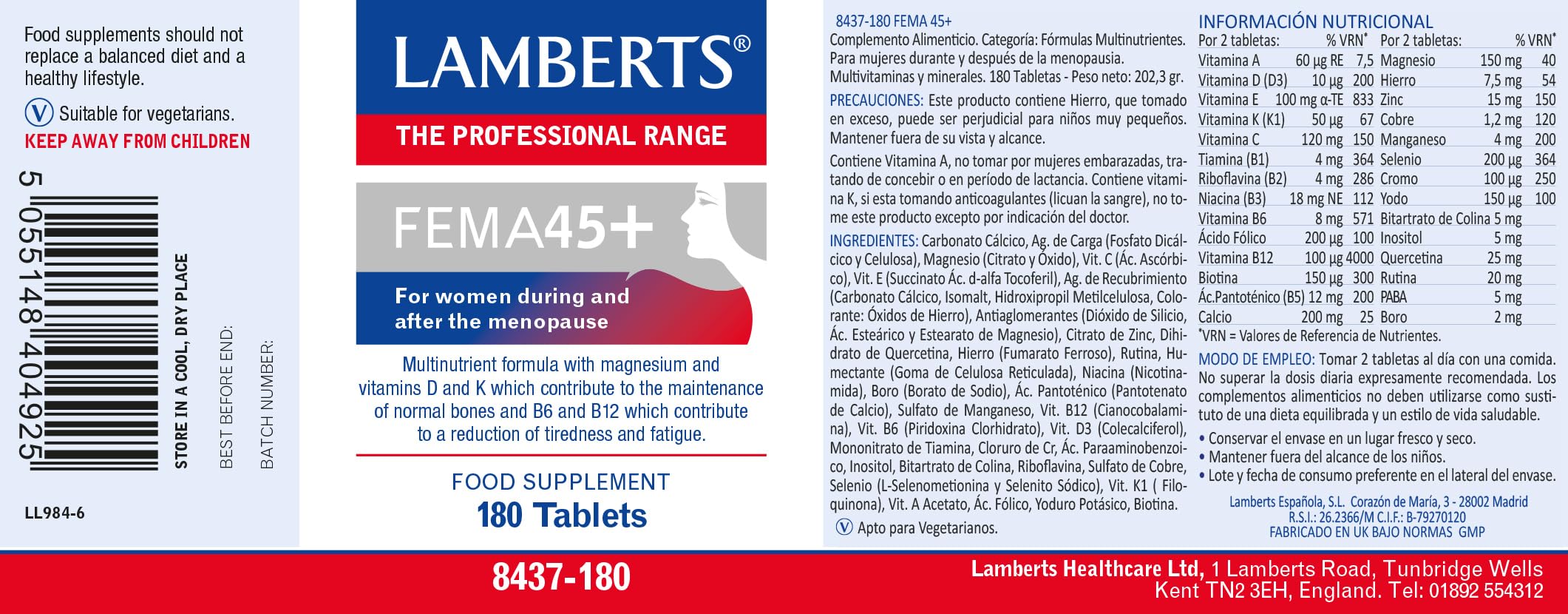Lamberts FEMA45+ | 180 Comprimidos | 90 Días | 28 Nutrientes | Fórmula Avanzada para la Mujer con Vitaminas, Minerales, Antioxidantes y Extractos Vegetales | Calidad Farmacéutica GMP