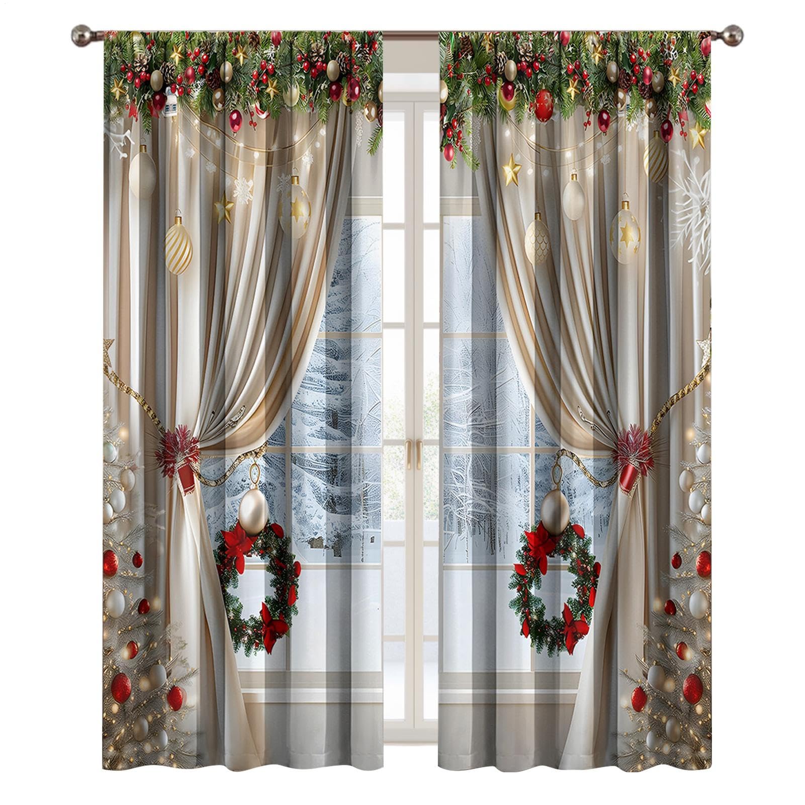 Cortinas impresas con arte navideno para crear un ambiente festivo en dormitorios y reuniones