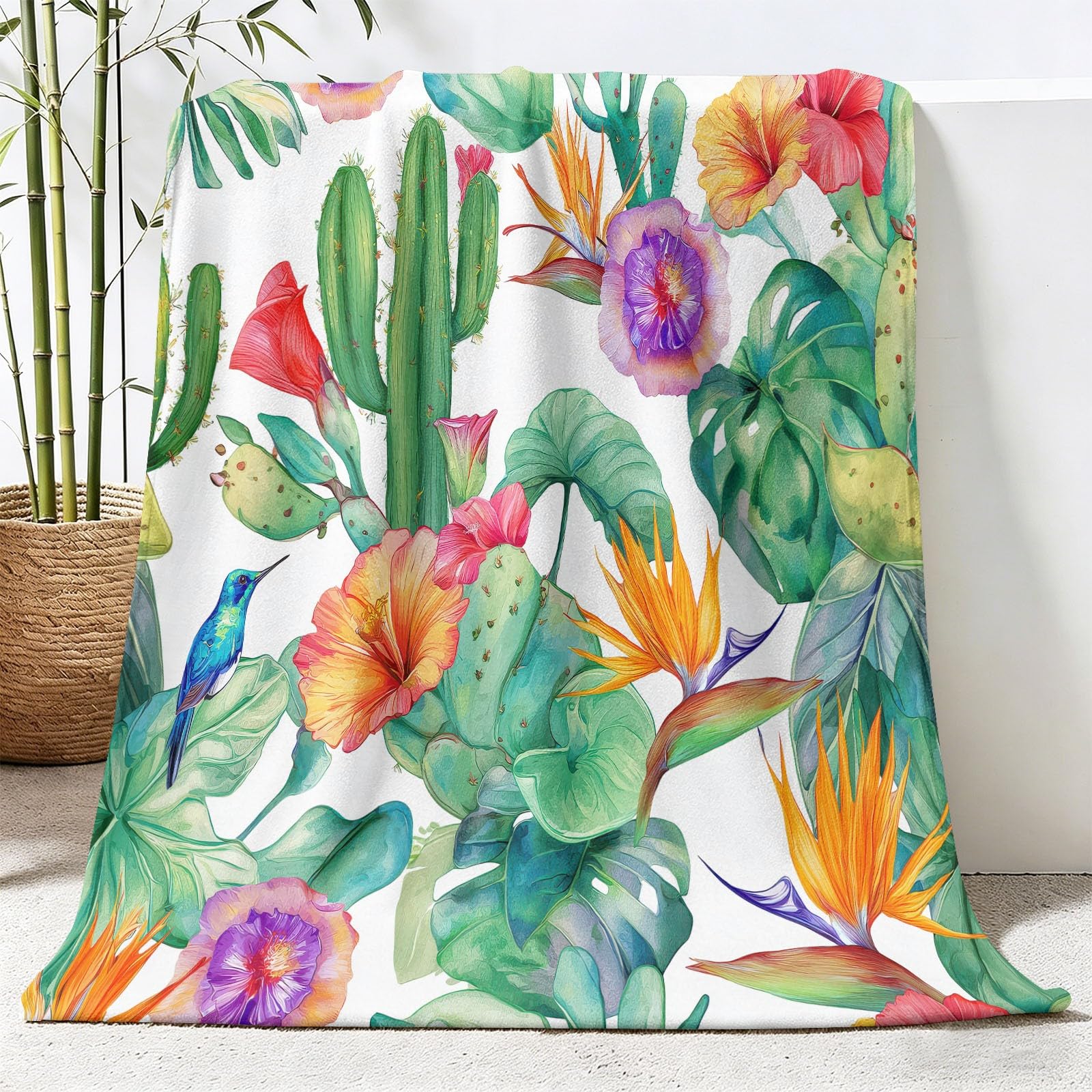 Akwarela Rośliny Koc polarowy 150 x 200 cm, miękki koc Ciepło Wygodny Flanelowy Kaktus Kwiatowy Liście Kaktusa dla dorosłych i dzieci, Koce hipoalergiczne Biały Zielony
