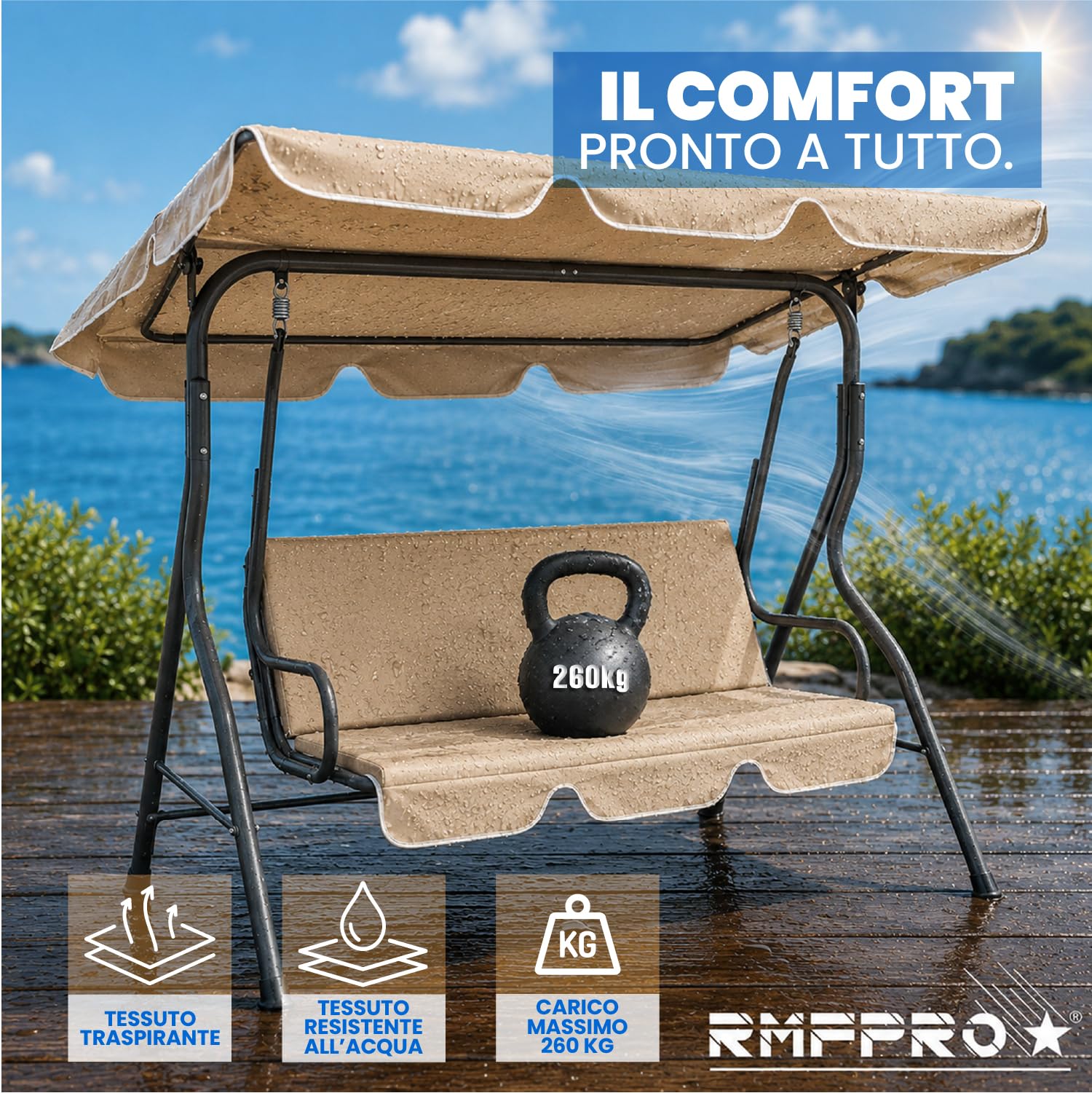 Dondolo da Giardino 3 Posti con Tetto Parasole Regolabile, Dondolo da Esterno con Struttura in Acciaio Resistente - Tessuto Impermeabile da Campeggio e Spazi Esterni 170x110x153 cm Beige