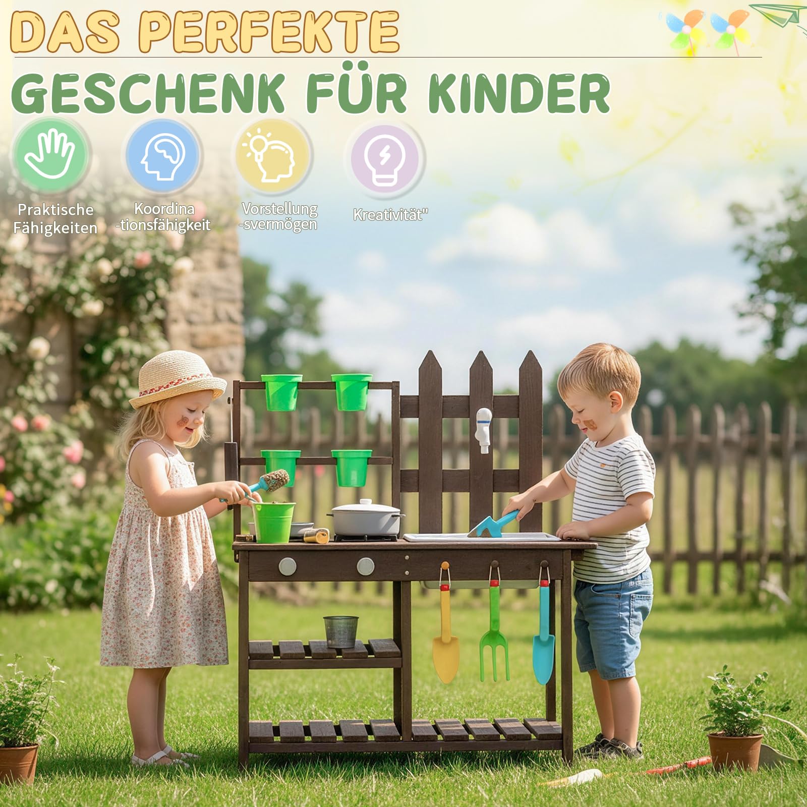 LALAHO Matschküche Outdoor, Gartenspielküche mit Spüle, Blumentopf & Wasserhahn, Kinderküche mit Herd, Spielküche geeignet für Kinder ab 3 Jahren, Dunkelbraun
