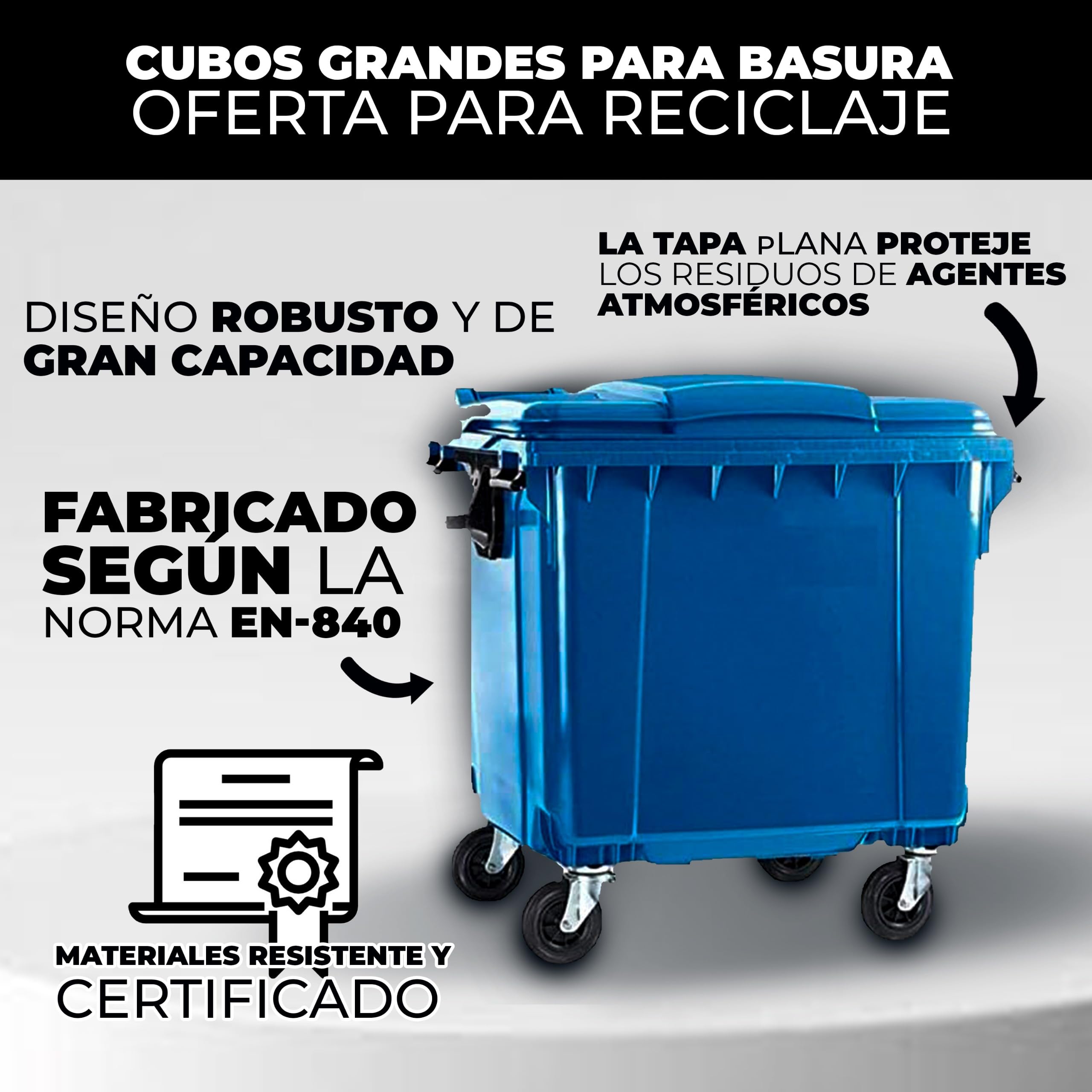 SSI Contenedor de Basura 1100L con Tapa Plana - Diseño Robusto Azul, Ruedas con Freno, Desagüe Inferior, Cumple Normativa EN-840, Ideal para Grandes Volúmenes de Residuos y Reciclaje en Exteriores