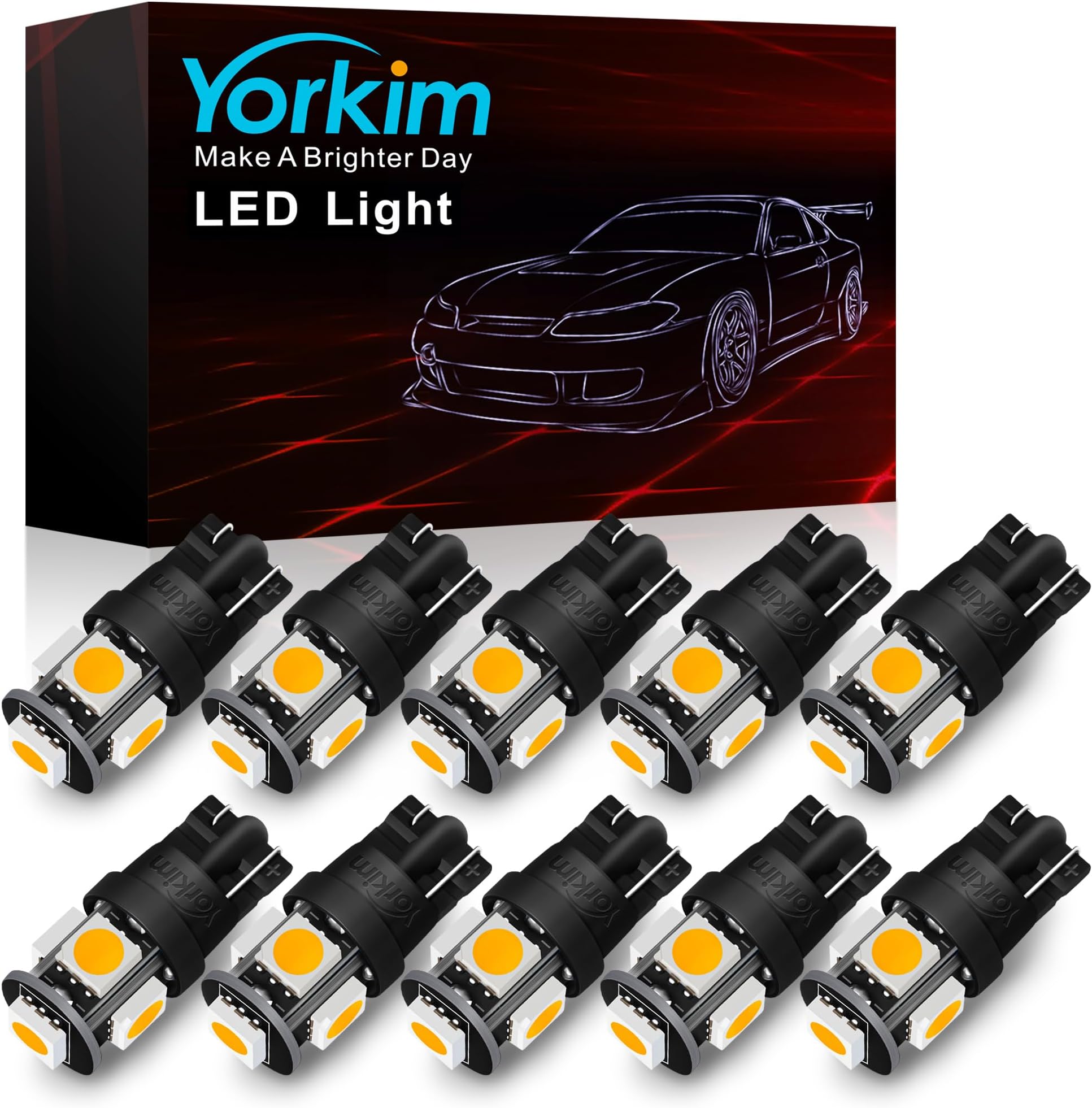 Yorkim 194 LED Bulbs Warm White Super Bright New 5th Generation,T10 168 LED Bulb for Car Interior Door Courtesy Dome Map License Plate Lights W5W 2825,Pack of 10